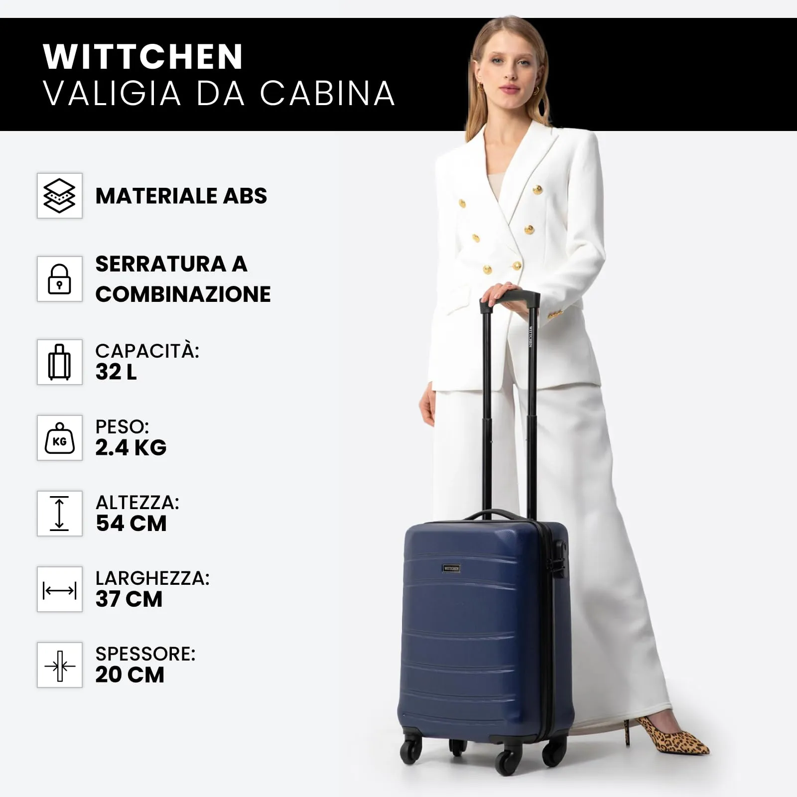 WITTCHEN Valigia da Cabina Trolley Bagaglio a Mano Valigia a rotelle piccola guscio duro in ABS 4 ruote spinner Serratura a combinazione Maniglia telescopica Globe Line Blu Navy Ryanair/ITA Airways - immagine 9