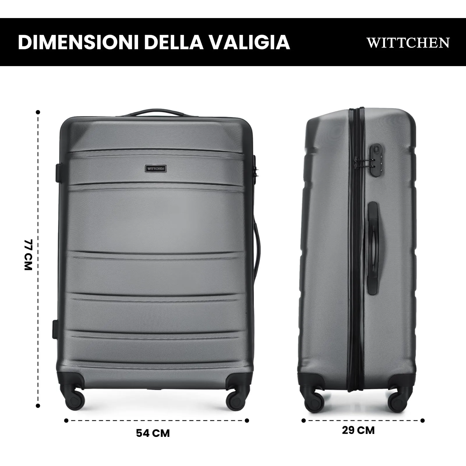 WITTCHEN Valigia grande trolley da viaggio check-in guscio rigido ABS con 4 ruote piroettanti chiusura a combinazione maniglia telescopica Globe Line Grigio Ryanair/ITA Airways - immagine 3