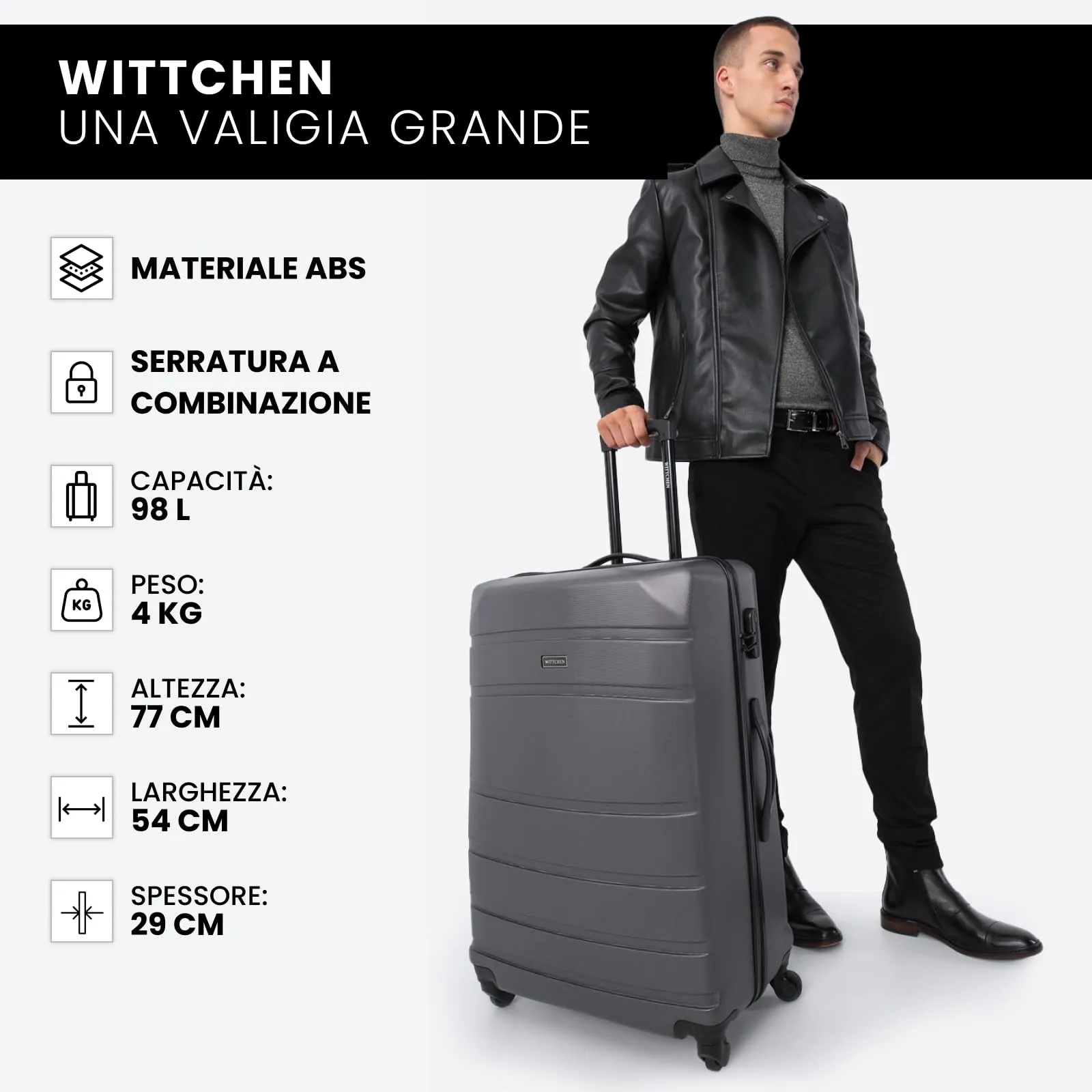 WITTCHEN Valigia grande trolley da viaggio check-in guscio rigido ABS con 4 ruote piroettanti chiusura a combinazione maniglia telescopica Globe Line Grigio Ryanair/ITA Airways - immagine 9