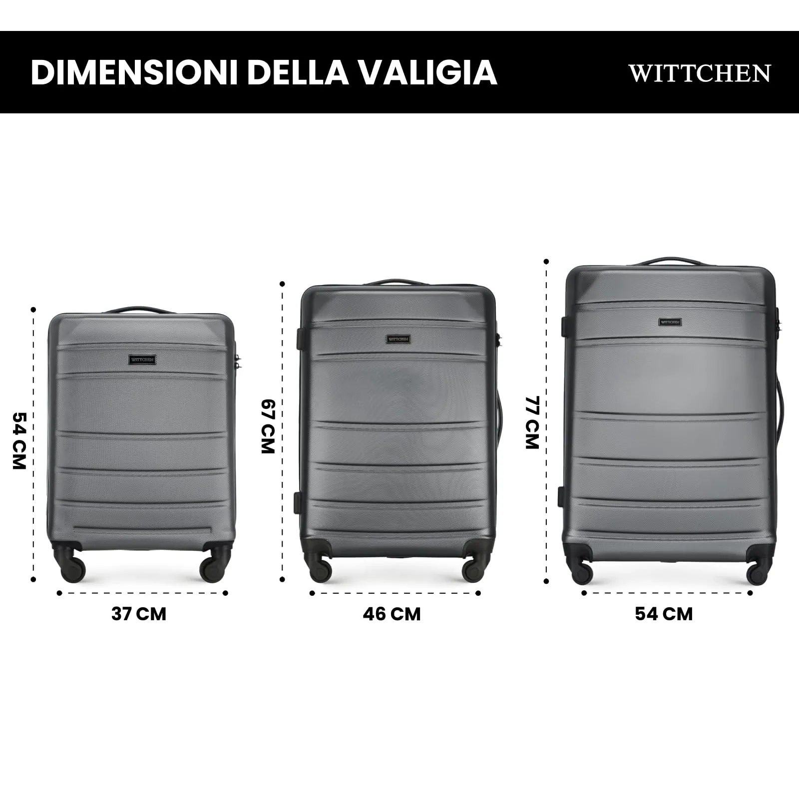 WITTCHEN valigia da viaggio set di 3 valigie trolley bagaglio a mano valigia a rotelle in ABS con 4 ruote spinner chiusura a combinazione maniglia telescopica Globe Line Grigio Ryanair/ITA Airways - immagine 2