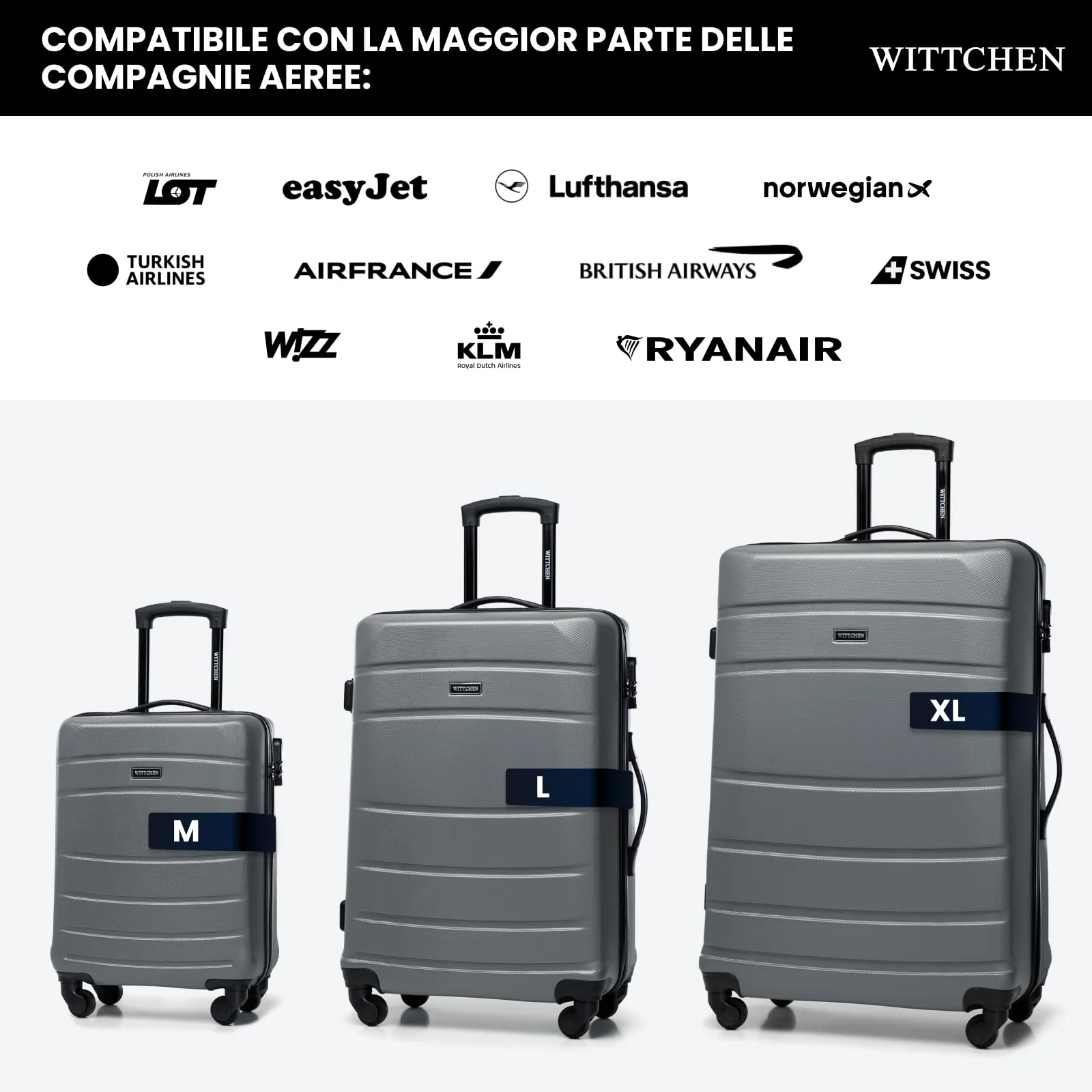 WITTCHEN valigia da viaggio set di 3 valigie trolley bagaglio a mano valigia a rotelle in ABS con 4 ruote spinner chiusura a combinazione maniglia telescopica Globe Line Grigio Ryanair/ITA Airways - immagine 7