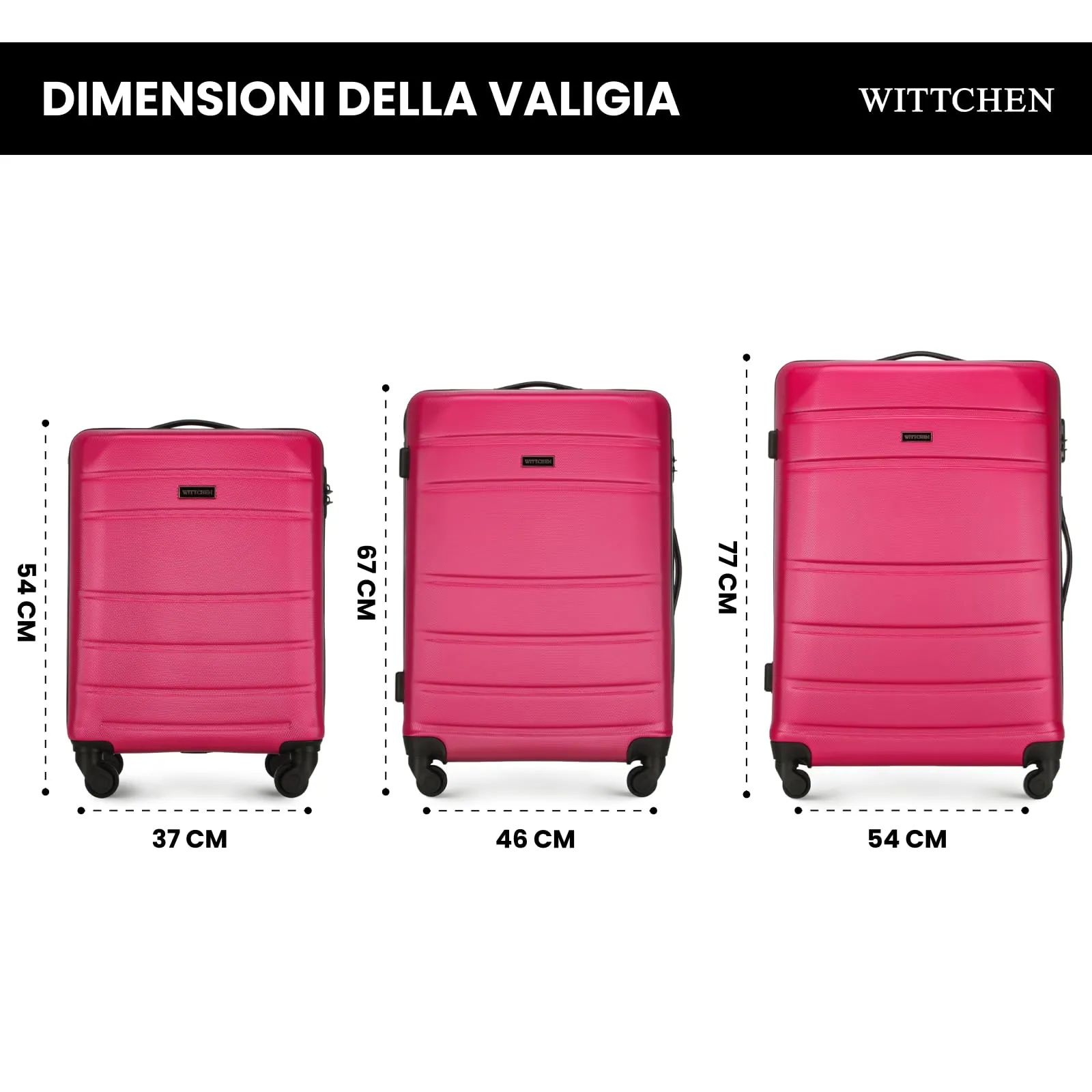 WITTCHEN valigia da viaggio set di 3 valigie trolley bagaglio a mano valigia a rotelle in ABS con 4 ruote spinner chiusura a combinazione maniglia telescopica Globe Line Rosa Ryanair/ITA Airways - immagine 2