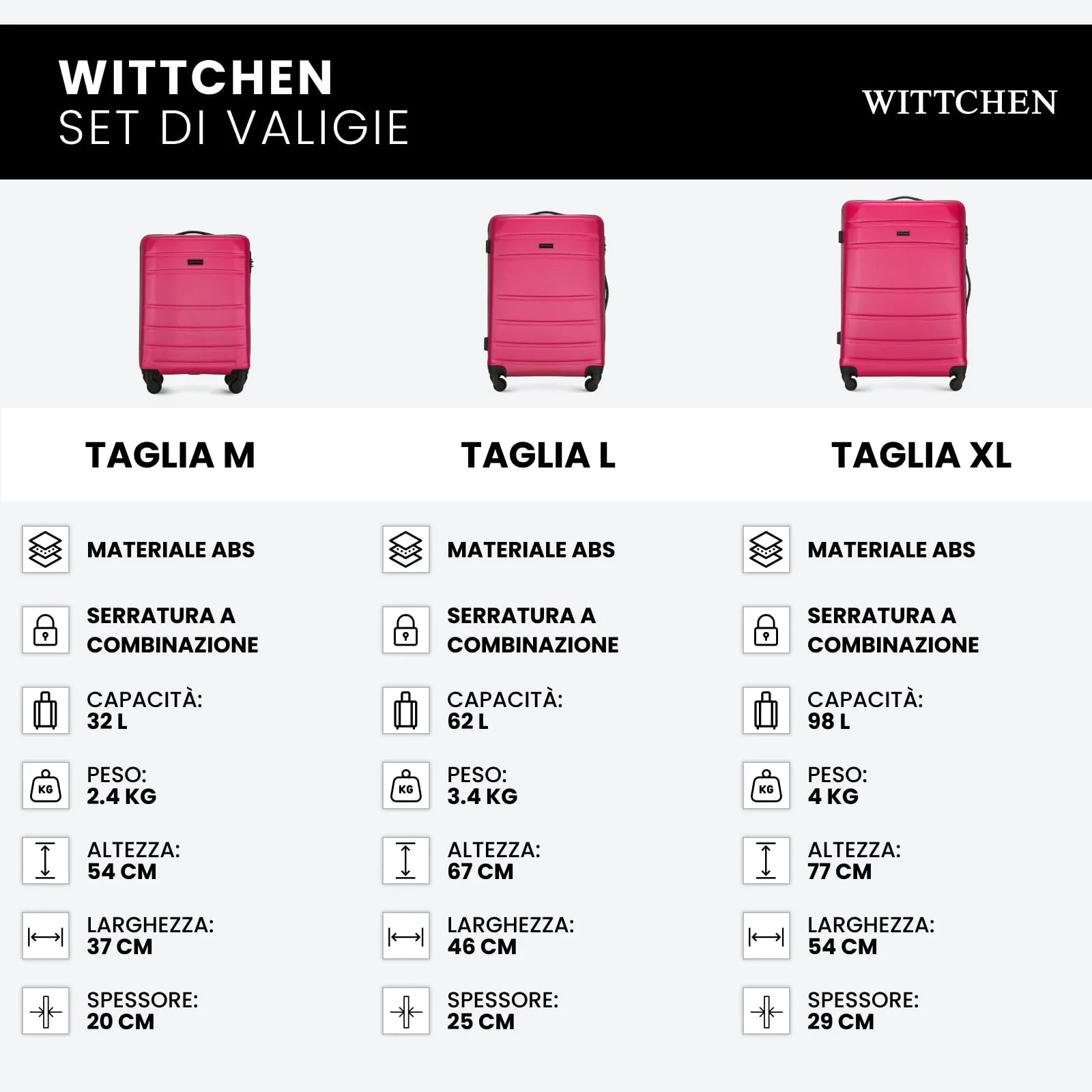 WITTCHEN valigia da viaggio set di 3 valigie trolley bagaglio a mano valigia a rotelle in ABS con 4 ruote spinner chiusura a combinazione maniglia telescopica Globe Line Rosa Ryanair/ITA Airways - immagine 8
