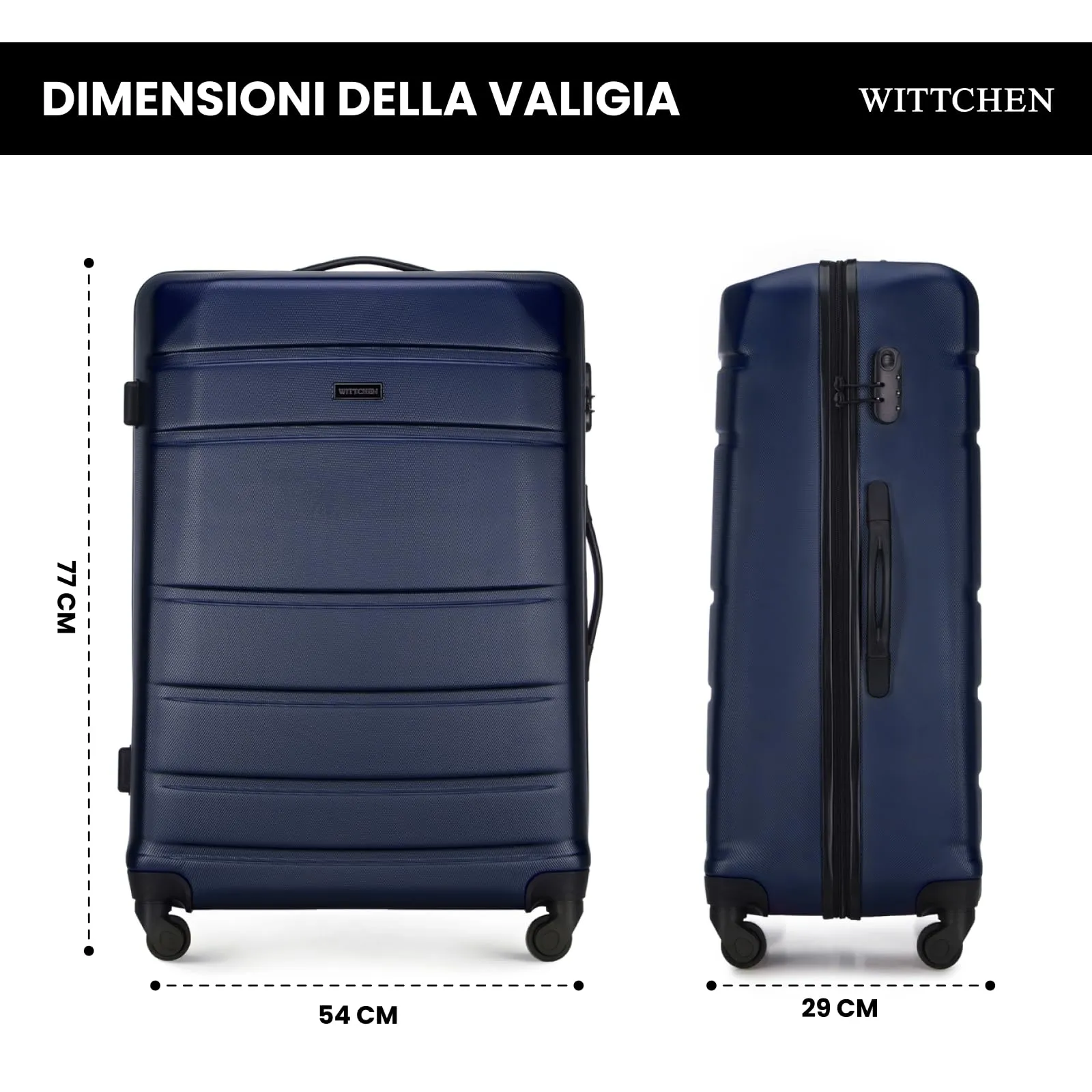 WITTCHEN Valigia grande trolley da viaggio check-in guscio rigido ABS con 4 ruote piroettanti chiusura a combinazione maniglia telescopica Globe Line Blu Navy Ryanair/ITA Airways - immagine 2