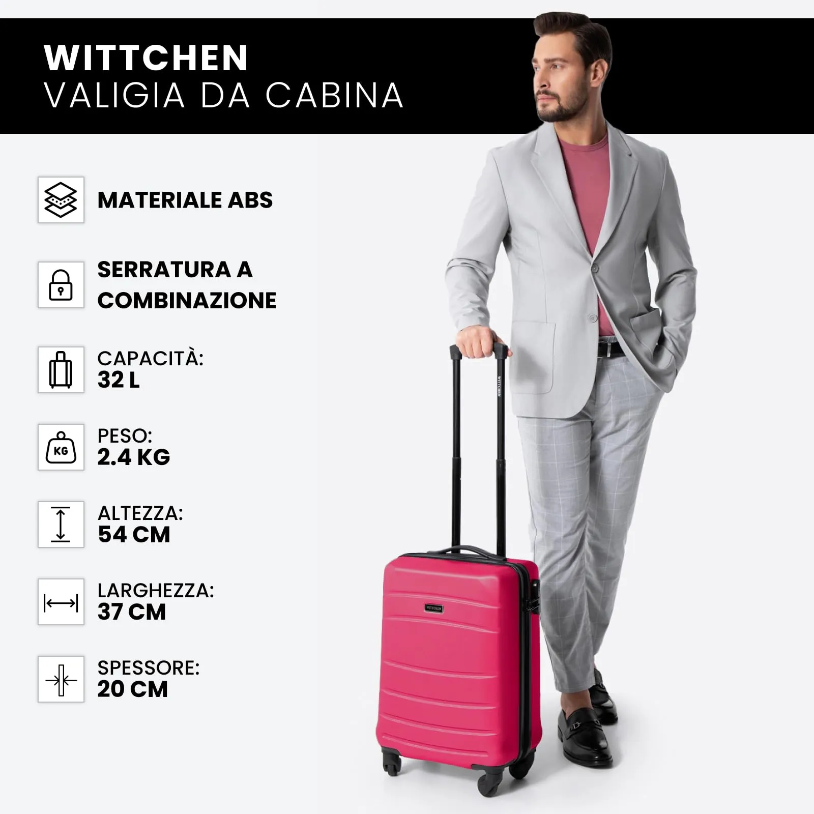 WITTCHEN Valigia da viaggio Bagaglio a mano Valigia da cabina Valigia rigida in ABS con 4 ruote girevoli Serratura a combinazione Maniglia telescopica Globe Line Taglia S Rosa Ryanair/ITA Airways - immagine 8
