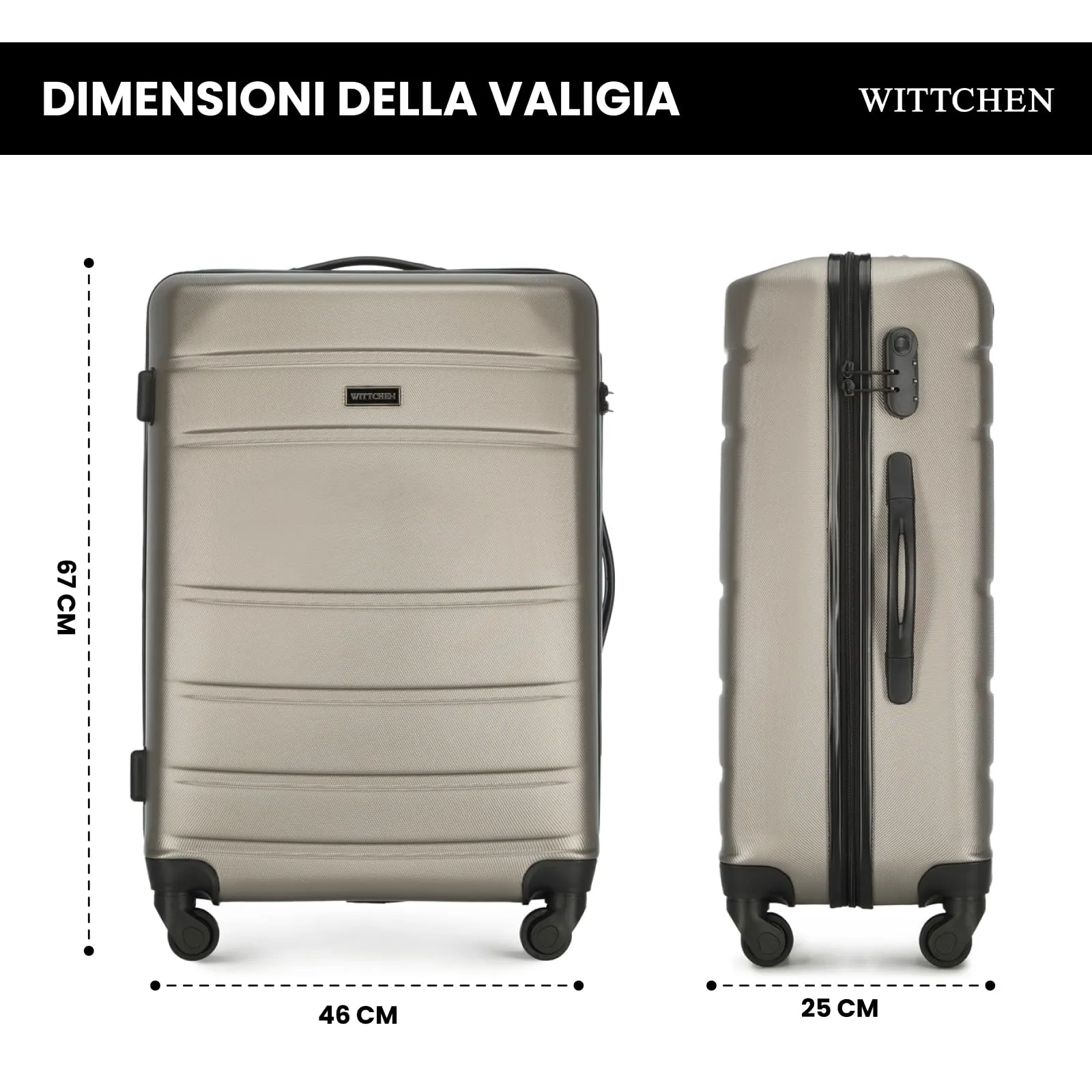 WITTCHEN Valigia Media Trolley Valigia Rigida in ABS Valigia Bagaglio Valigie con 4 Ruote Serratura a combinazione Maniglia telescopica Globe Line Champagne Ryanair/ITA Airways/easyJet - immagine 3