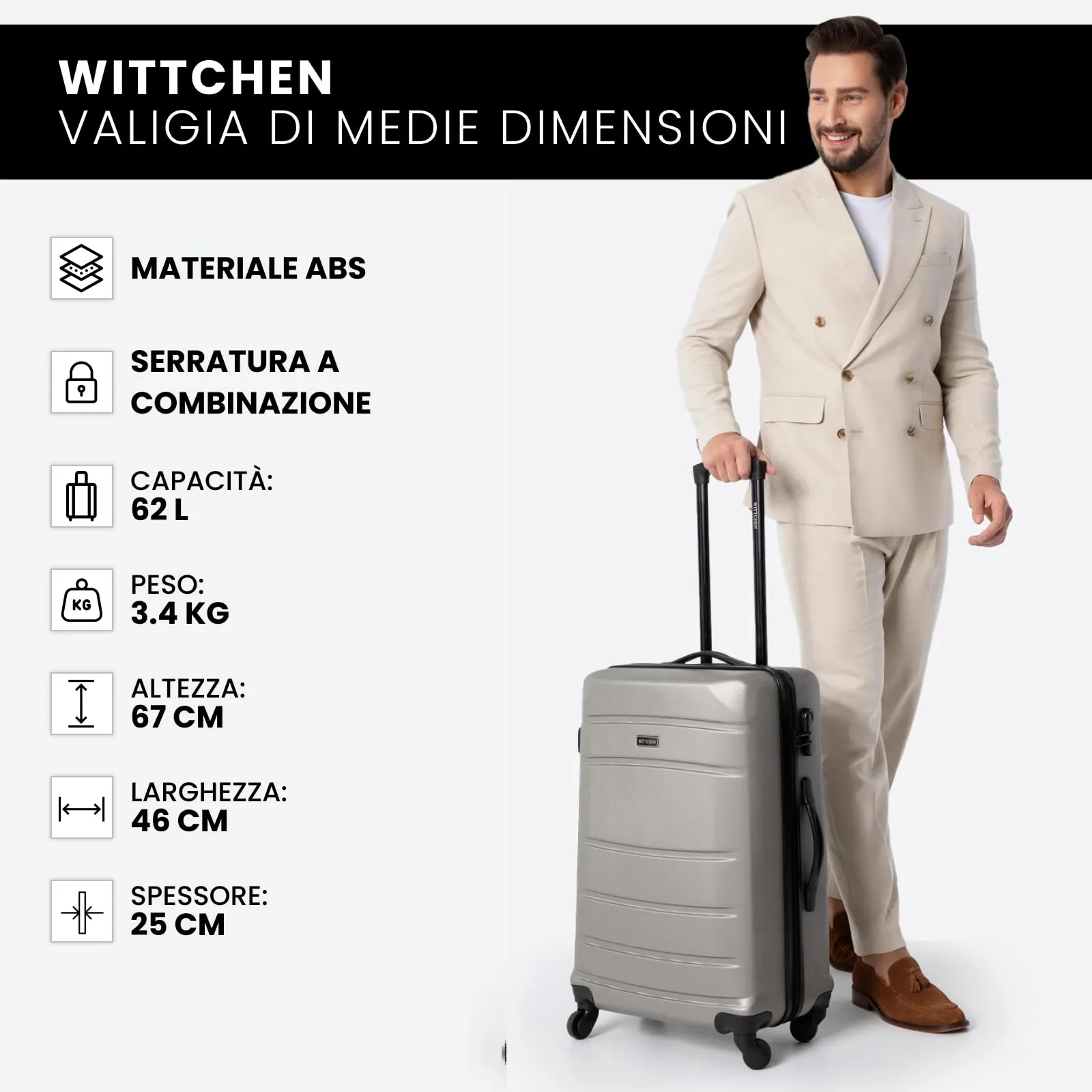 WITTCHEN Valigia Media Trolley Valigia Rigida in ABS Valigia Bagaglio Valigie con 4 Ruote Serratura a combinazione Maniglia telescopica Globe Line Champagne Ryanair/ITA Airways/easyJet - immagine 9