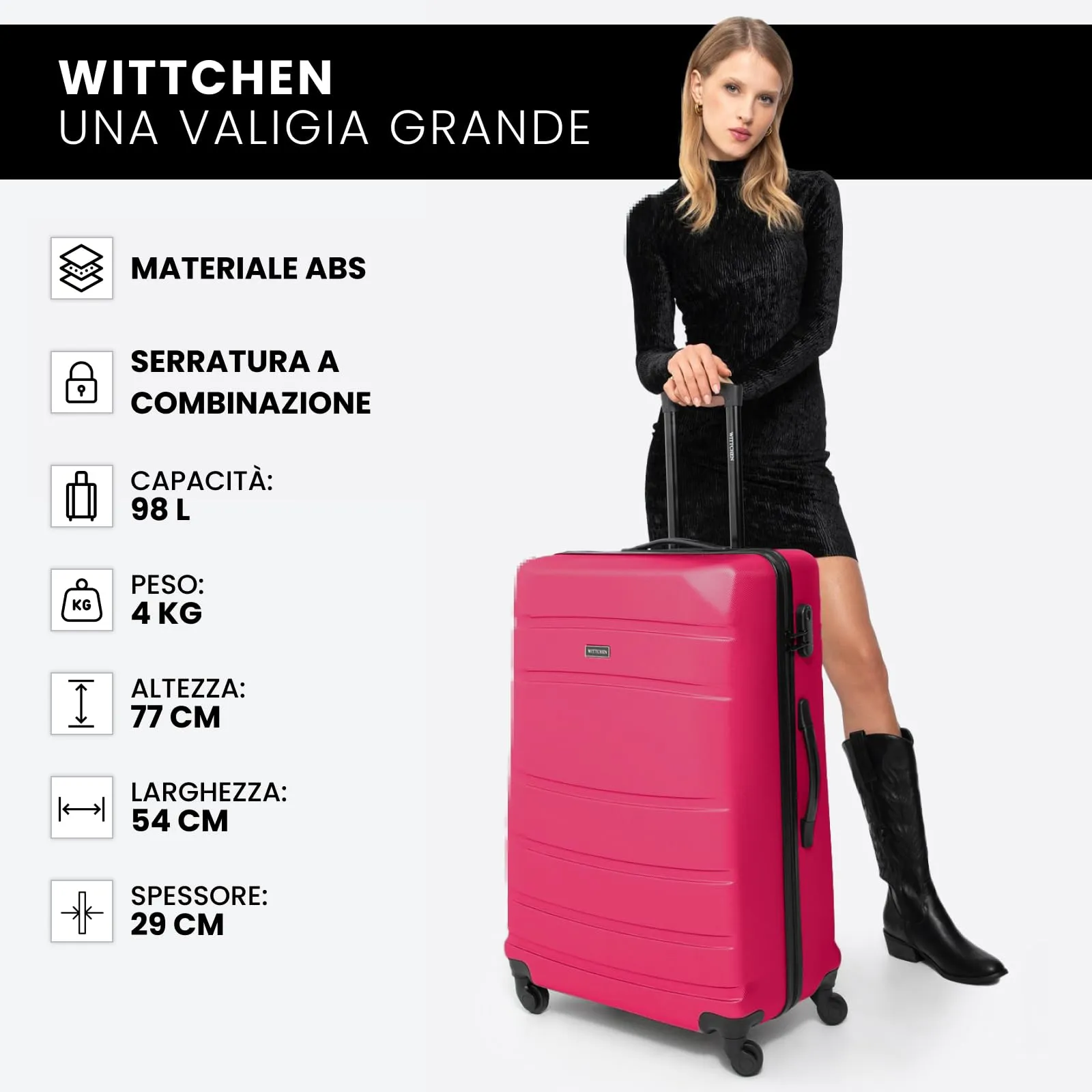 WITTCHEN Valigia grande trolley da viaggio check-in guscio rigido ABS con 4 ruote piroettanti chiusura a combinazione maniglia telescopica Globe Line Rosa Ryanair/ITA Airways - immagine 8