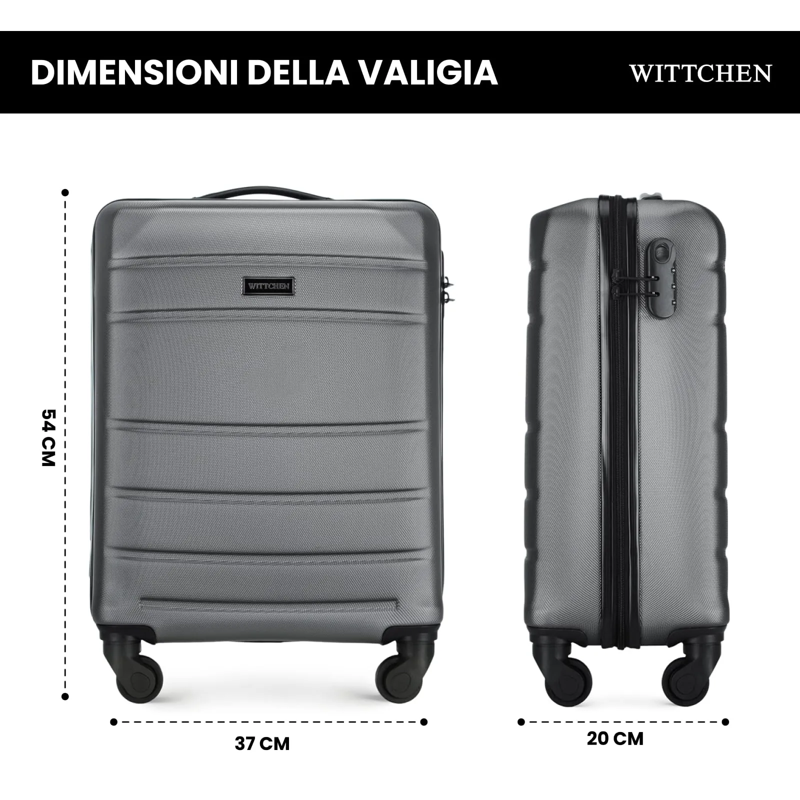 WITTCHEN Valigia da viaggio Bagaglio a mano Valigia da cabina Valigia rigida in ABS con 4 ruote girevoli Serratura a combinazione Maniglia telescopica Globe Line Taglia S Grigio Ryanair/ITA Airways - immagine 2