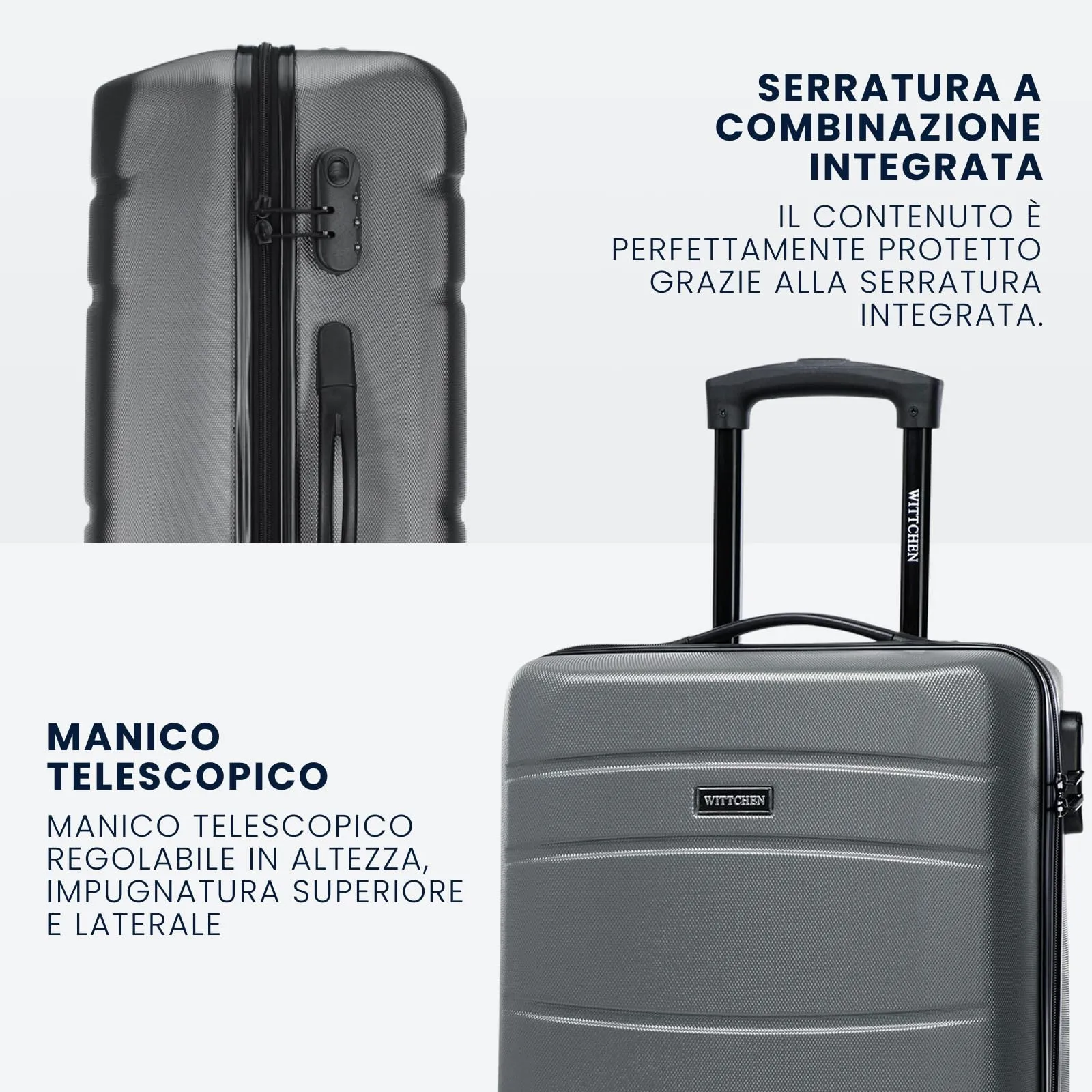 WITTCHEN Valigia da viaggio Bagaglio a mano Valigia da cabina Valigia rigida in ABS con 4 ruote girevoli Serratura a combinazione Maniglia telescopica Globe Line Taglia S Grigio Ryanair/ITA Airways - immagine 5