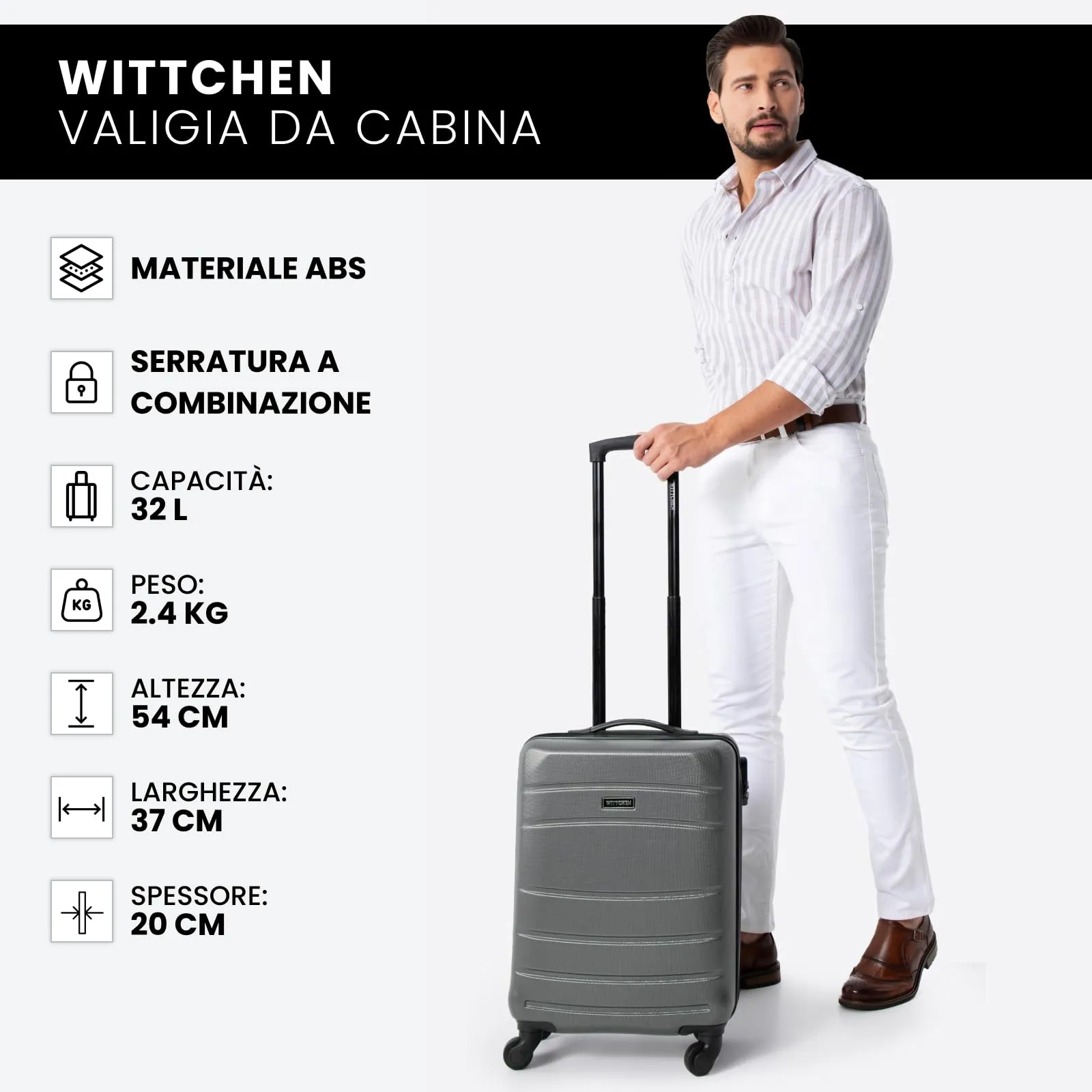 WITTCHEN Valigia da viaggio Bagaglio a mano Valigia da cabina Valigia rigida in ABS con 4 ruote girevoli Serratura a combinazione Maniglia telescopica Globe Line Taglia S Grigio Ryanair/ITA Airways - immagine 8
