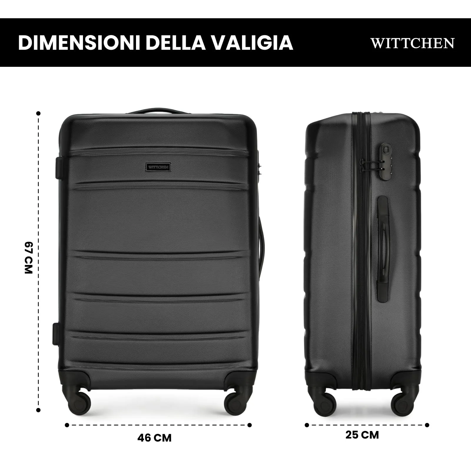 WITTCHEN Valigia Media Trolley Valigia Rigida in ABS Valigia Bagaglio Valigie con 4 Ruote Serratura a combinazione Maniglia telescopica Globe Line Nero Ryanair/ITA Airways/easyJet - immagine 2