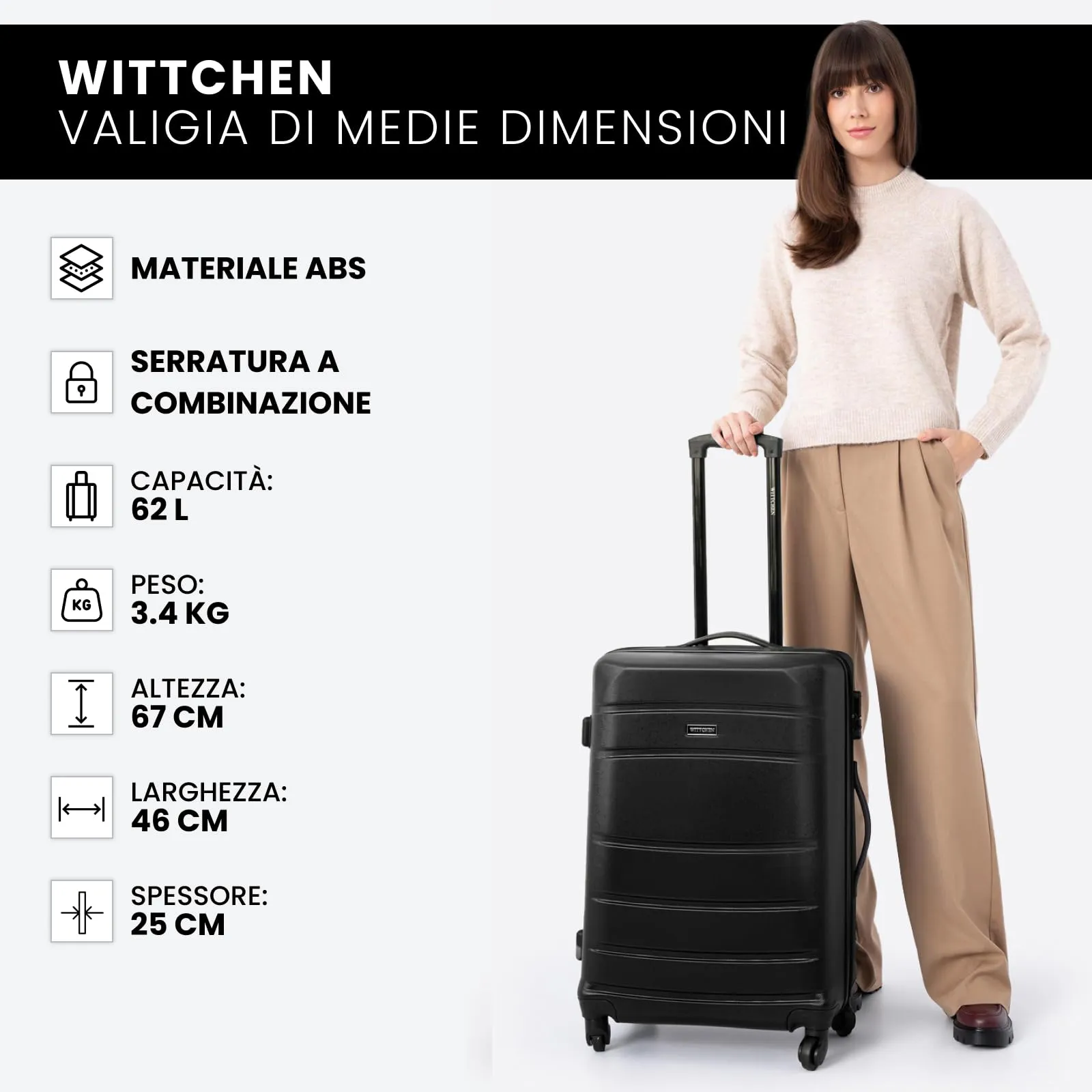 WITTCHEN Valigia Media Trolley Valigia Rigida in ABS Valigia Bagaglio Valigie con 4 Ruote Serratura a combinazione Maniglia telescopica Globe Line Nero Ryanair/ITA Airways/easyJet - immagine 8
