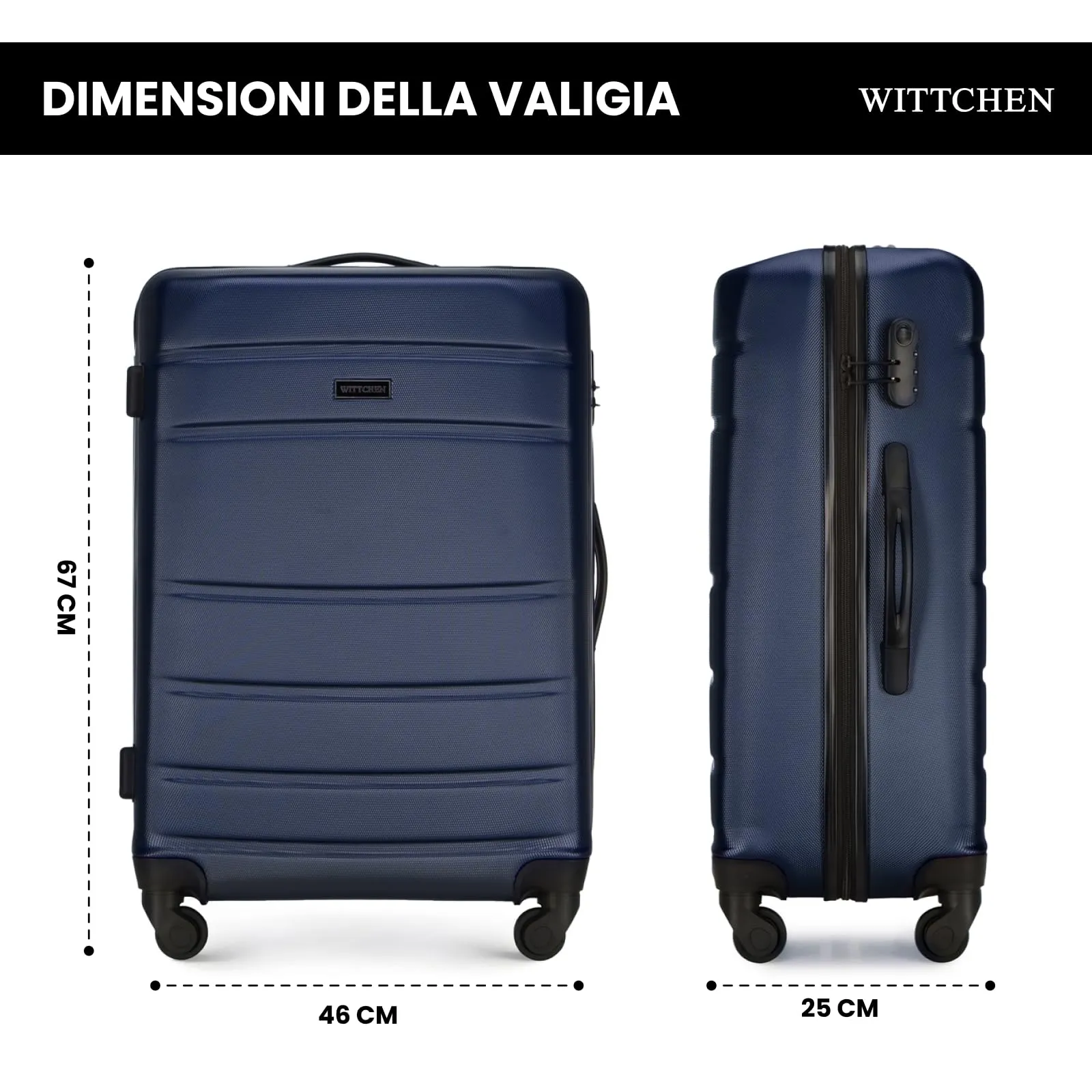 WITTCHEN Valigia Media Trolley Valigia Rigida in ABS Valigia Bagaglio Valigie con 4 Ruote Serratura a combinazione Maniglia telescopica Globe Line Blu Navy Ryanair/ITA Airways/easyJet - immagine 2