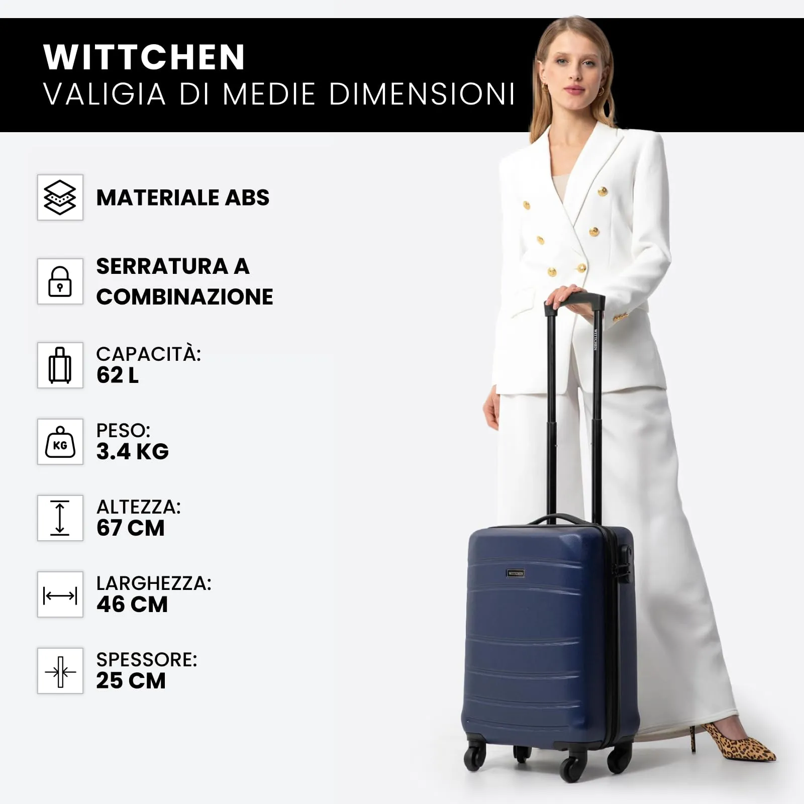 WITTCHEN Valigia Media Trolley Valigia Rigida in ABS Valigia Bagaglio Valigie con 4 Ruote Serratura a combinazione Maniglia telescopica Globe Line Blu Navy Ryanair/ITA Airways/easyJet - immagine 8