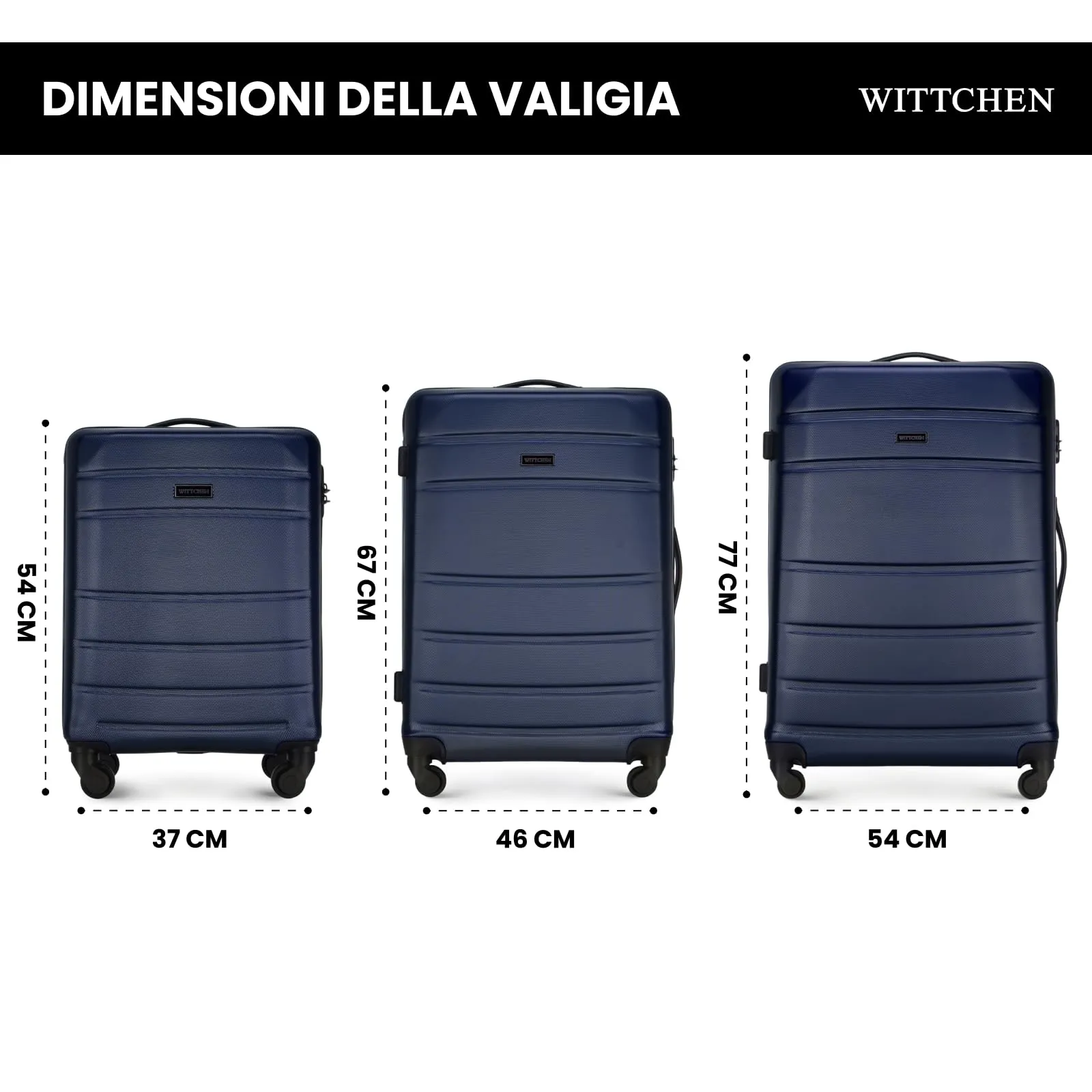 WITTCHEN valigia da viaggio set di 3 valigie trolley bagaglio a mano valigia a rotelle in ABS con 4 ruote spinner chiusura a combinazione maniglia telescopica Globe Line Blu Navy Ryanair/ITA Airways - immagine 2