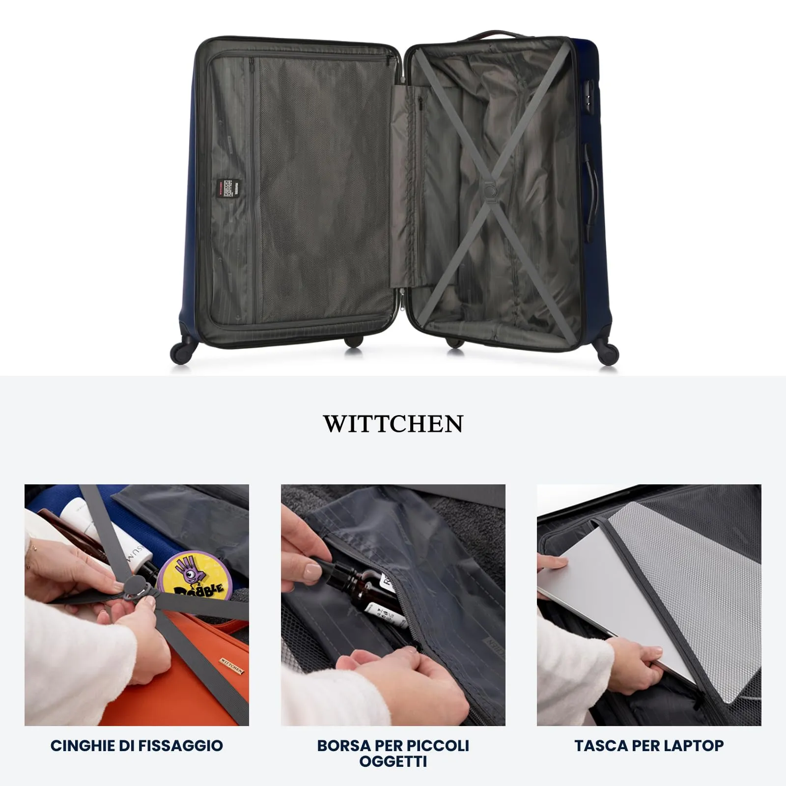 WITTCHEN valigia da viaggio set di 3 valigie trolley bagaglio a mano valigia a rotelle in ABS con 4 ruote spinner chiusura a combinazione maniglia telescopica Globe Line Blu Navy Ryanair/ITA Airways - immagine 6