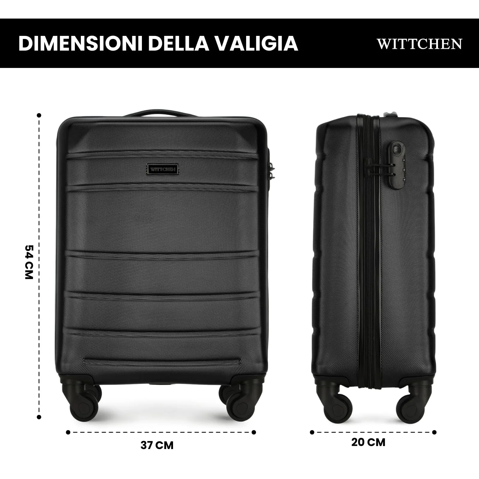 WITTCHEN Valigia da viaggio Bagaglio a mano Valigia da cabina Valigia rigida in ABS con 4 ruote girevoli Serratura a combinazione Maniglia telescopica Globe Line Taglia S Nero Ryanair/ITA Airways - immagine 2