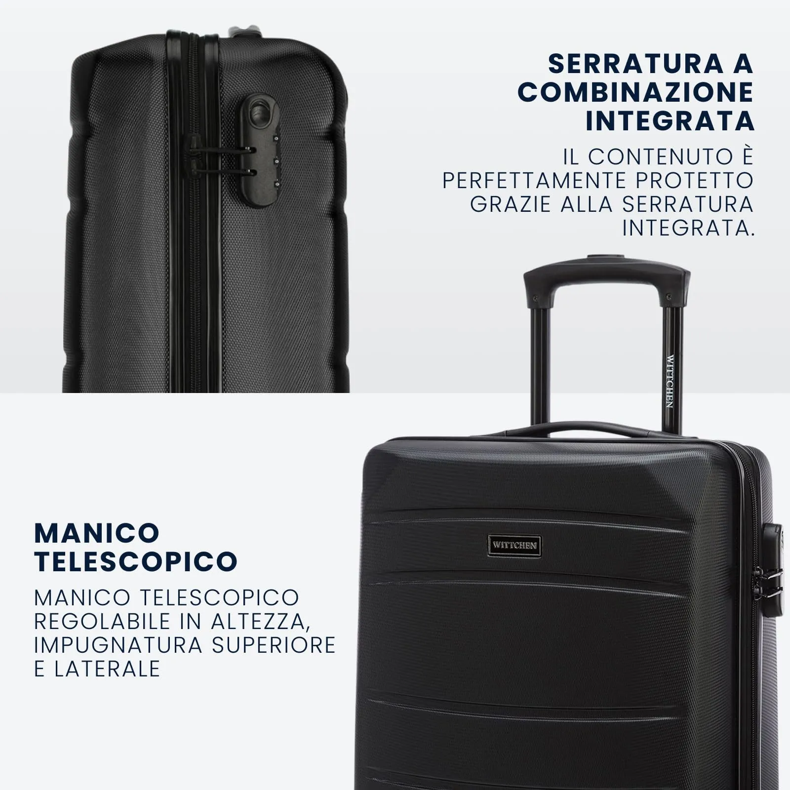 WITTCHEN Valigia da viaggio Bagaglio a mano Valigia da cabina Valigia rigida in ABS con 4 ruote girevoli Serratura a combinazione Maniglia telescopica Globe Line Taglia S Nero Ryanair/ITA Airways - immagine 5