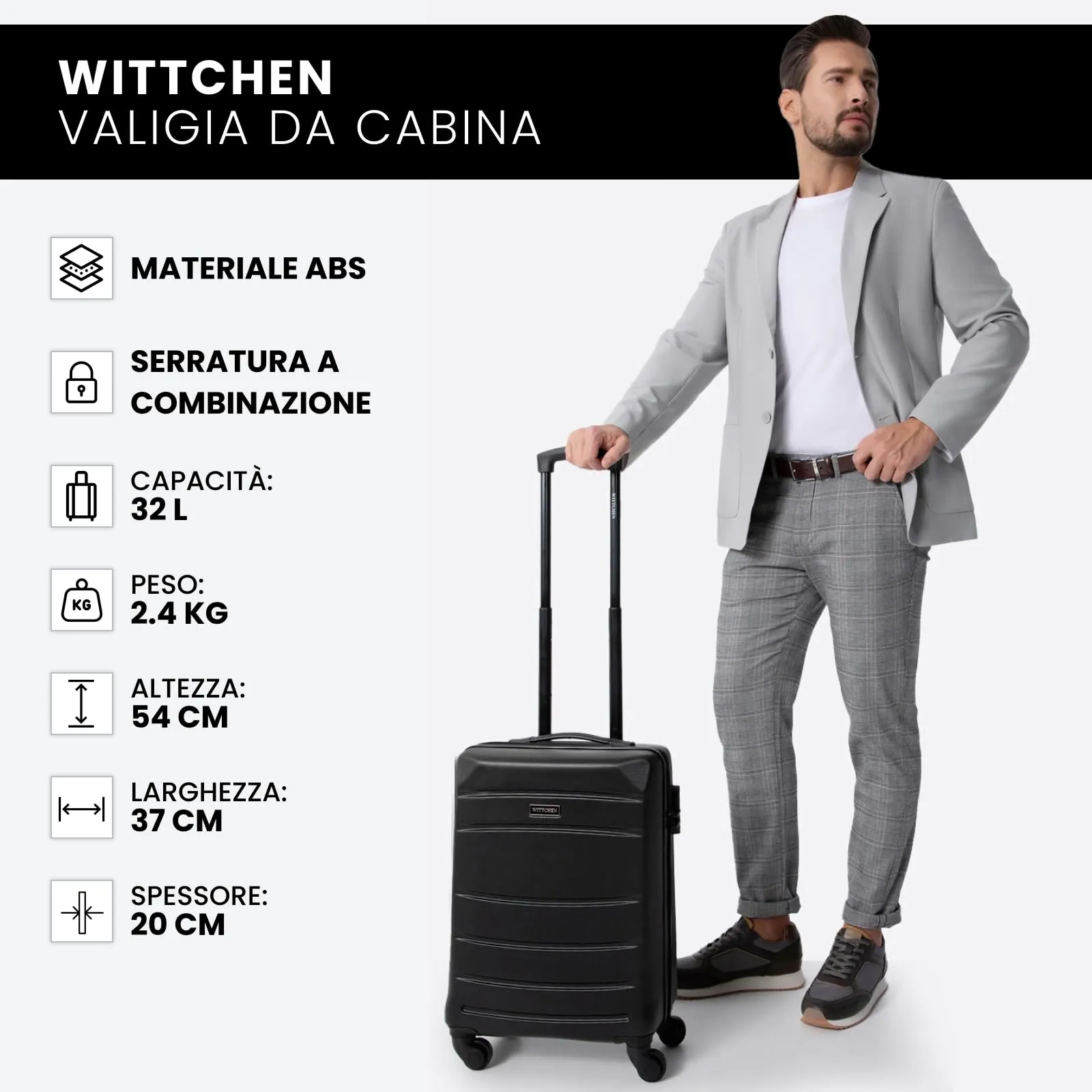WITTCHEN Valigia da viaggio Bagaglio a mano Valigia da cabina Valigia rigida in ABS con 4 ruote girevoli Serratura a combinazione Maniglia telescopica Globe Line Taglia S Nero Ryanair/ITA Airways - immagine 8