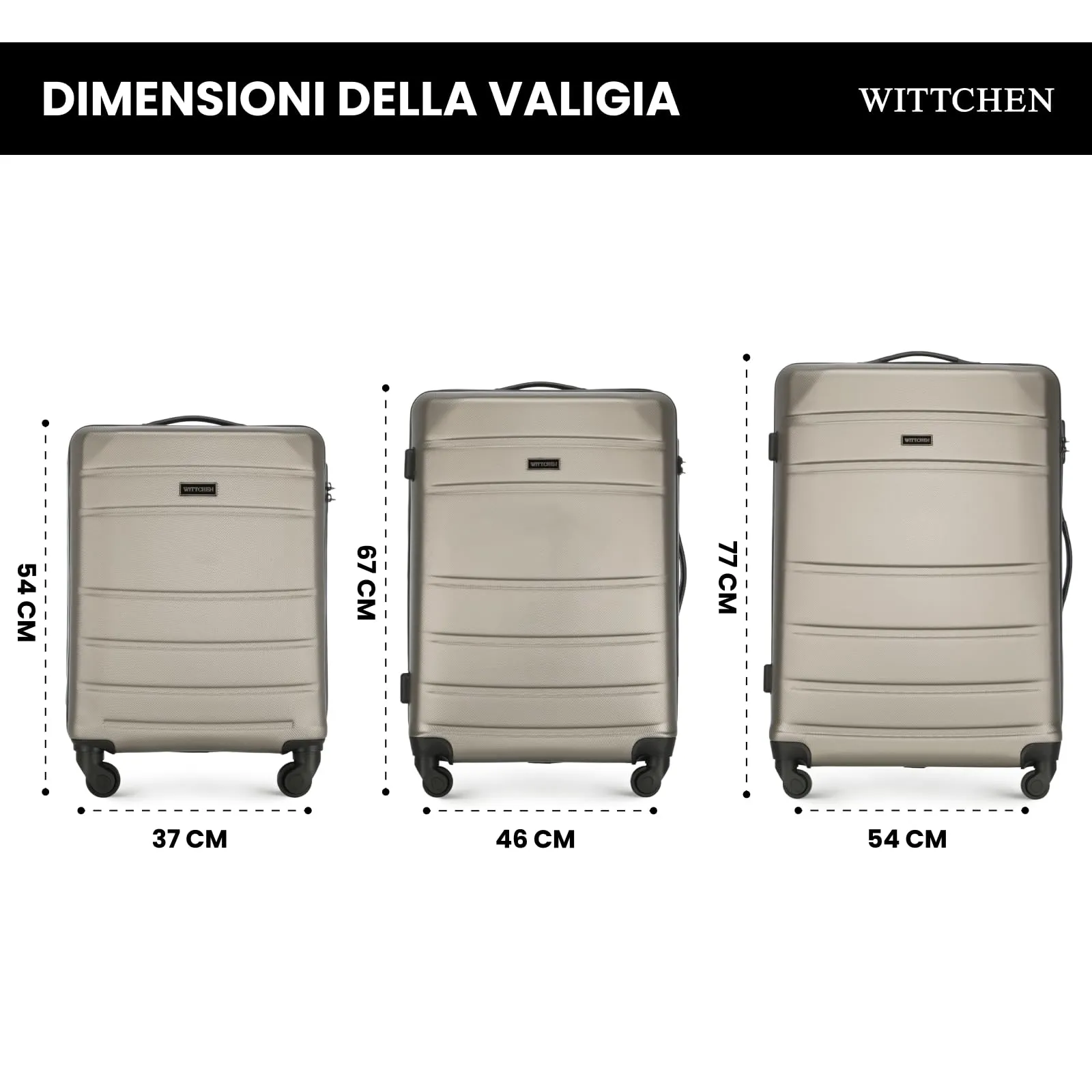 WITTCHEN valigia da viaggio set di 3 valigie trolley bagaglio a mano valigia a rotelle in ABS con 4 ruote spinner chiusura a combinazione maniglia telescopica Globe Line ChampagneRyanair/ITA Airways - immagine 2