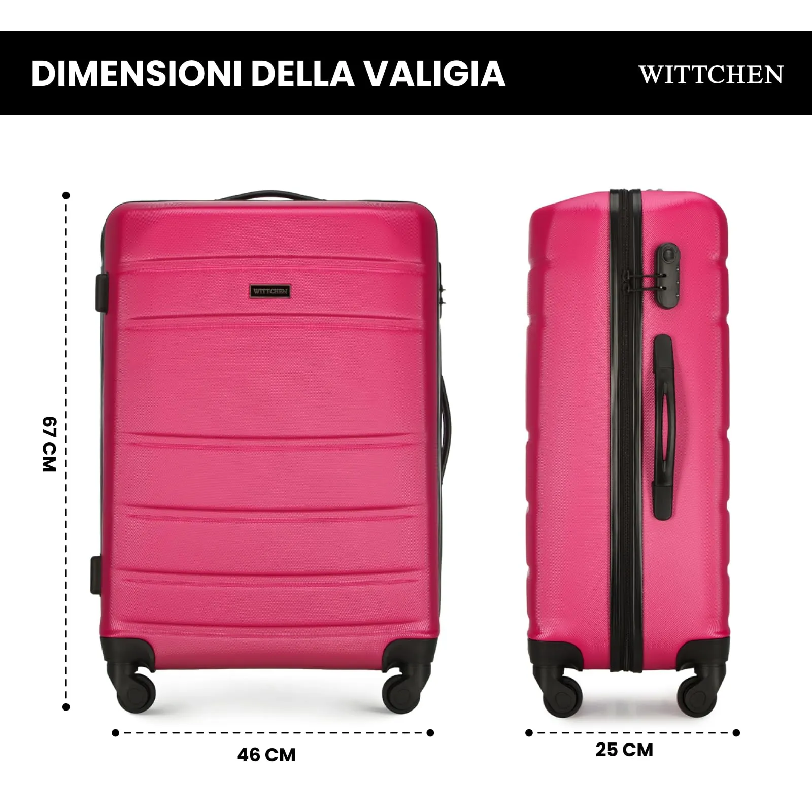 WITTCHEN Valigia Media Trolley Valigia Rigida in ABS Valigia Bagaglio Valigie con 4 Ruote Serratura a combinazione Maniglia telescopica Globe Line Rosa Ryanair/ITA Airways/easyJet - immagine 2