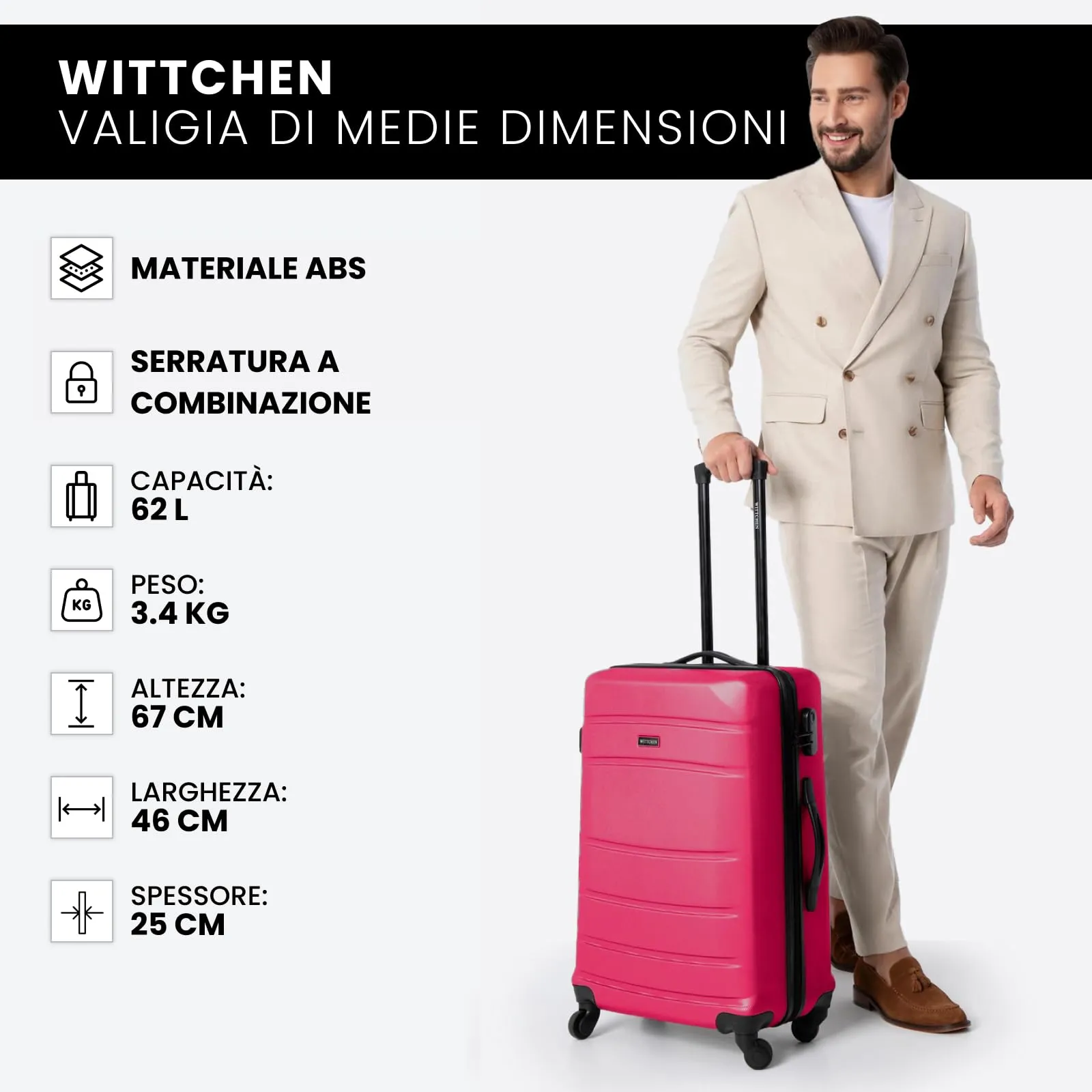 WITTCHEN Valigia Media Trolley Valigia Rigida in ABS Valigia Bagaglio Valigie con 4 Ruote Serratura a combinazione Maniglia telescopica Globe Line Rosa Ryanair/ITA Airways/easyJet - immagine 8