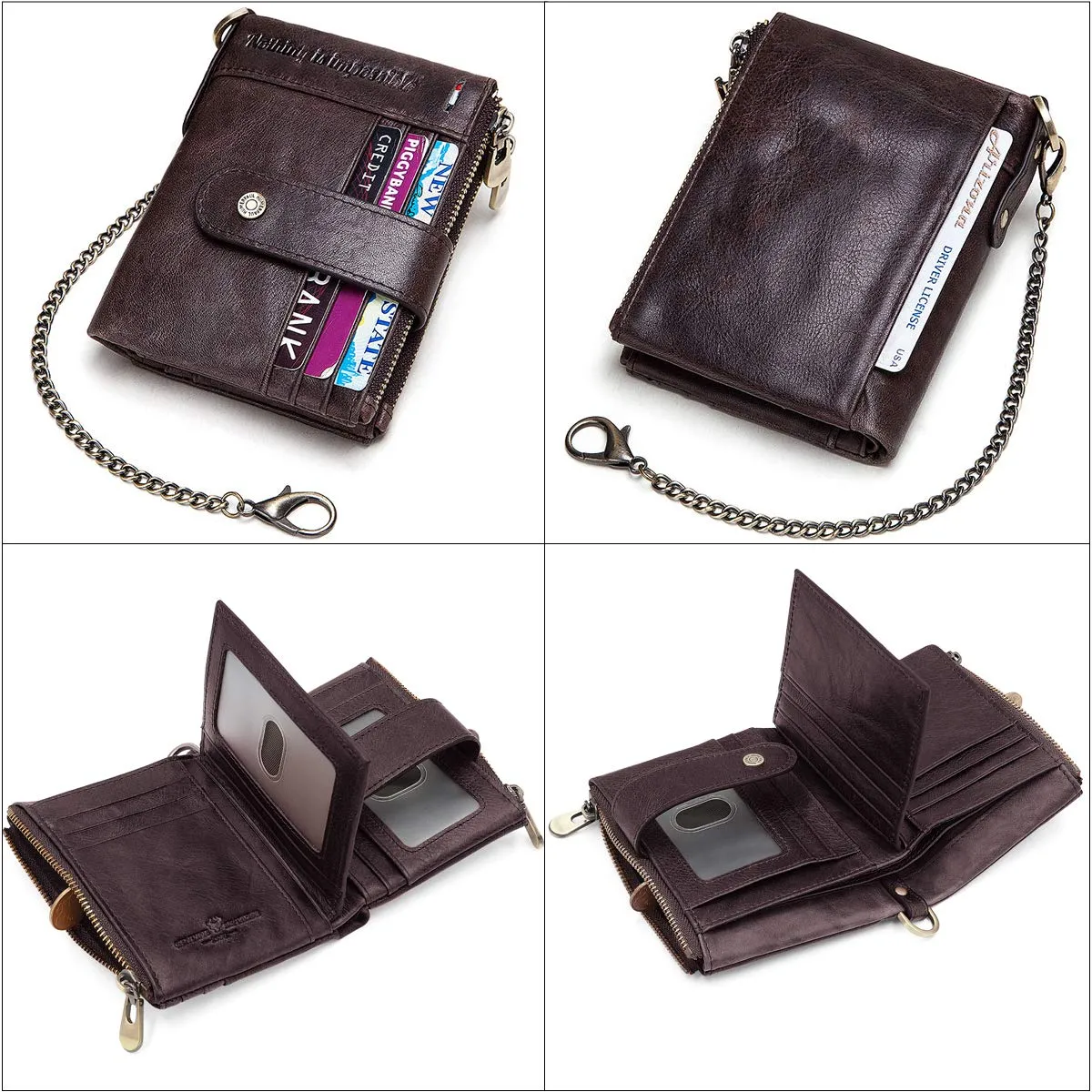 REETEE Portafoglio Uomo Blocco RFID Vera Pelle Piccolo Portafogli con Catena, Cerniera Portafoglio con 19 Porta Carte di Credito e Tasca Portamonete, Portafoglio con Confezione Regalo (caffè) - immagine 2