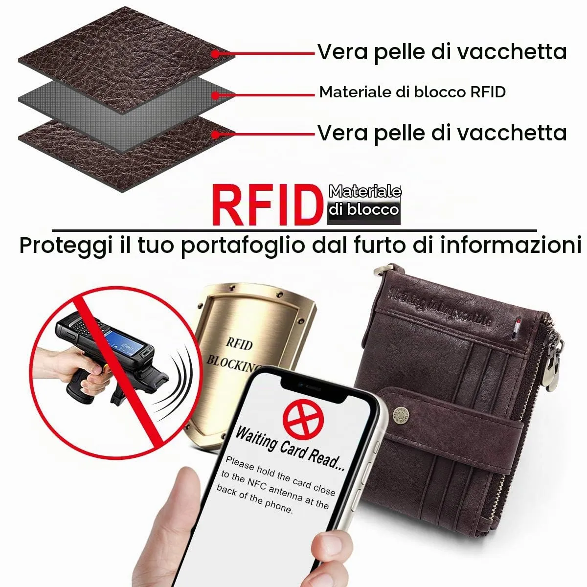 REETEE Portafoglio Uomo Blocco RFID Vera Pelle Piccolo Portafogli con Catena, Cerniera Portafoglio con 19 Porta Carte di Credito e Tasca Portamonete, Portafoglio con Confezione Regalo (caffè) - immagine 4