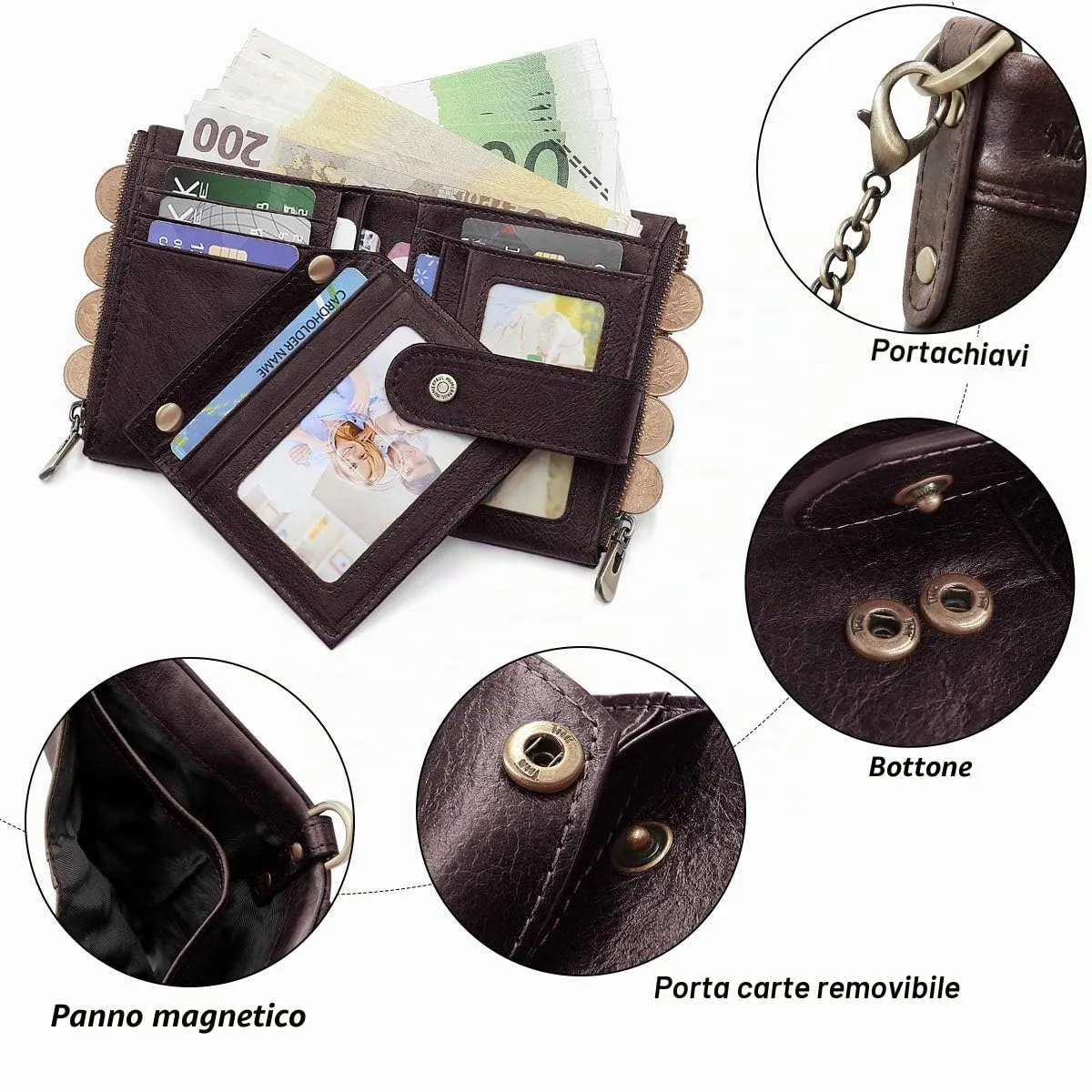 REETEE Portafoglio Uomo Blocco RFID Vera Pelle Piccolo Portafogli con Catena, Cerniera Portafoglio con 19 Porta Carte di Credito e Tasca Portamonete, Portafoglio con Confezione Regalo (caffè) - immagine 5