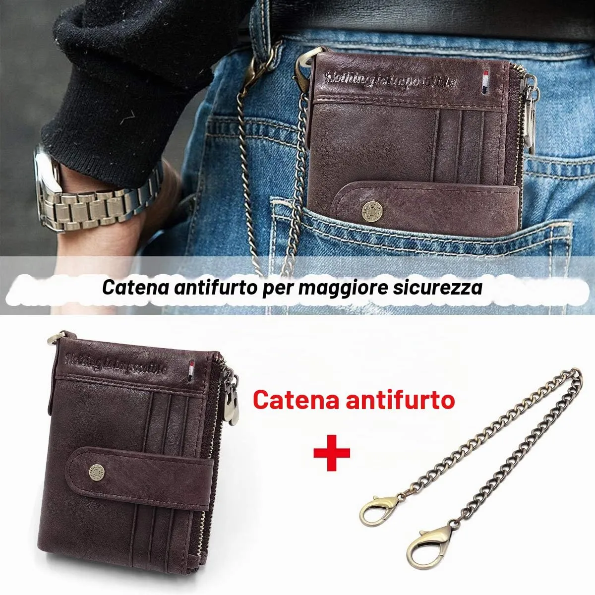 REETEE Portafoglio Uomo Blocco RFID Vera Pelle Piccolo Portafogli con Catena, Cerniera Portafoglio con 19 Porta Carte di Credito e Tasca Portamonete, Portafoglio con Confezione Regalo (caffè) - immagine 6