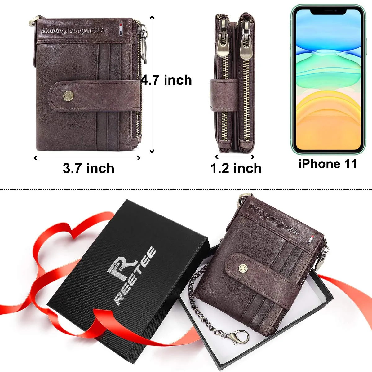 REETEE Portafoglio Uomo Blocco RFID Vera Pelle Piccolo Portafogli con Catena, Cerniera Portafoglio con 19 Porta Carte di Credito e Tasca Portamonete, Portafoglio con Confezione Regalo (caffè) - immagine 7