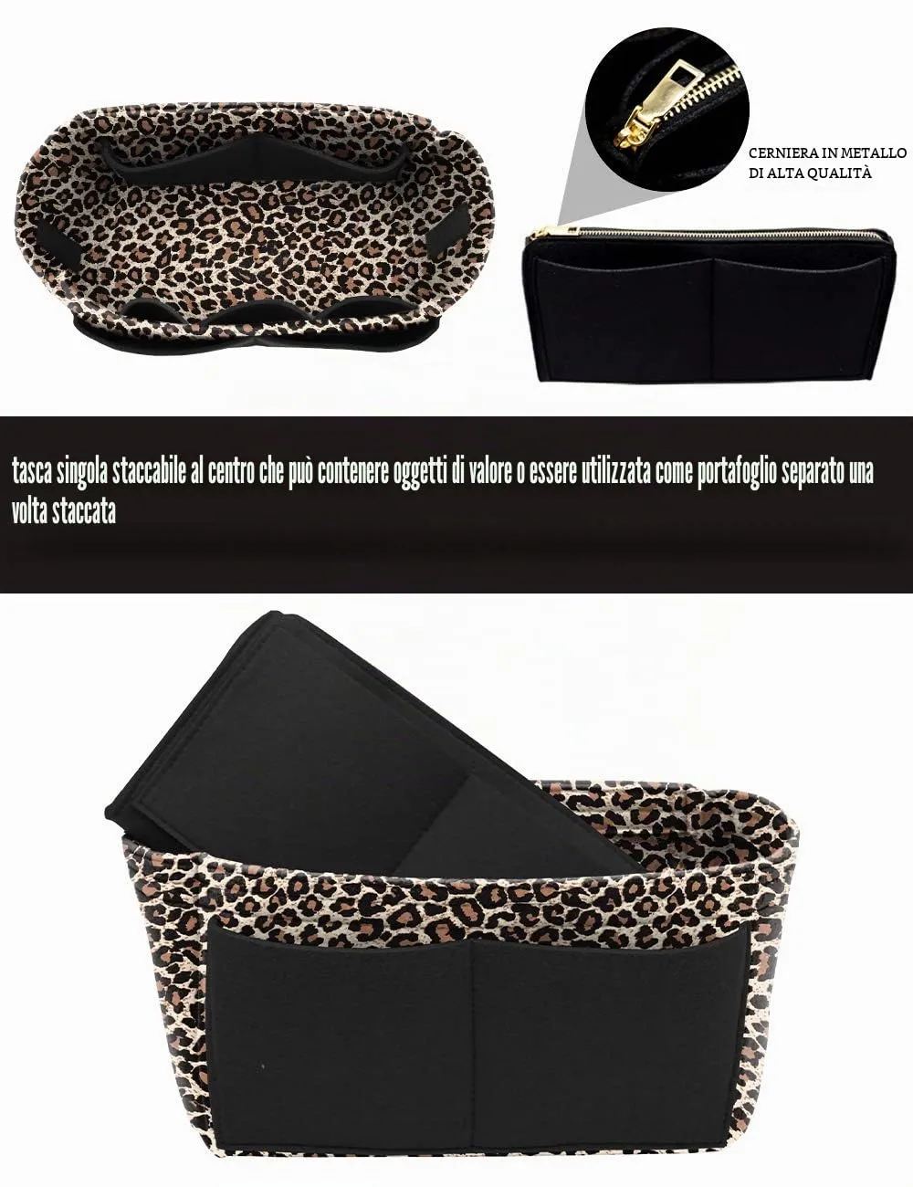 LEXSION Inserto organizer per borsa in feltro con cerniera, per Speedy Neverful PM MM, 1-B-LeopaBd, M - immagine 2