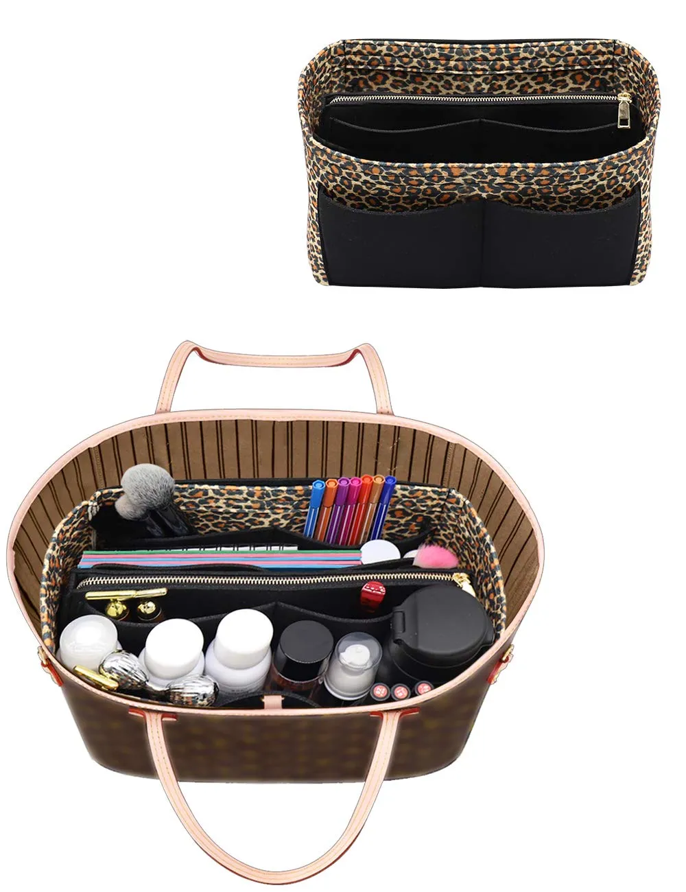 LEXSION Inserto organizer per borsa in feltro con cerniera, per Speedy Neverful PM MM, 1-B-LeopaBd, M - immagine 6