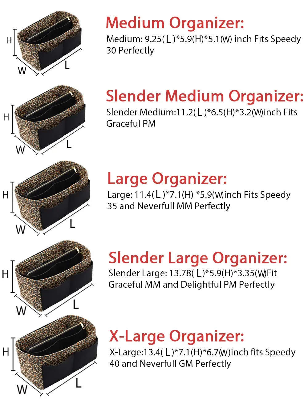 LEXSION Inserto organizer in feltro con cerniera, borsa tote Shaper Fit Speedy Neverful PM MM, B-Leopard, Slim Medium - immagine 6