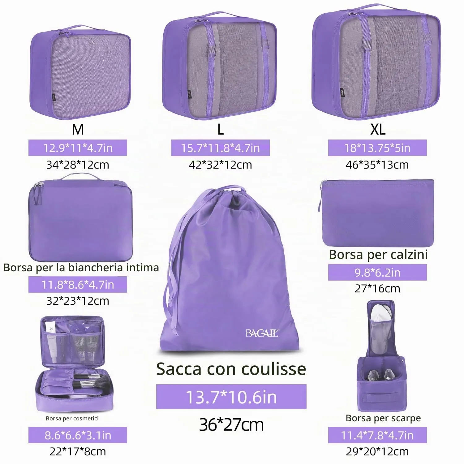 BAGAIL Cubi da Imballaggio per Valigia Set 8 Pezzi, Organizzatori Leggeri per Bagagli e Accessori da Viaggio, Viola - immagine 2