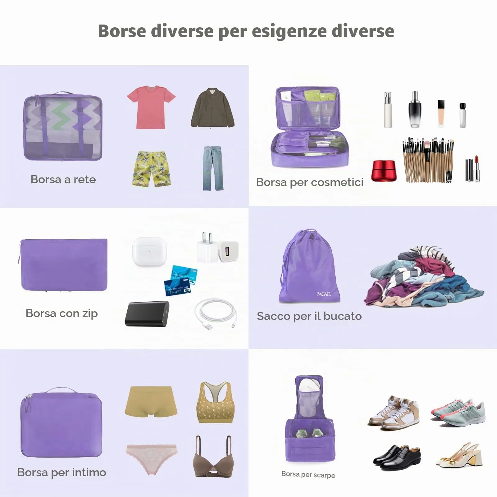 BAGAIL Cubi da Imballaggio per Valigia Set 8 Pezzi, Organizzatori Leggeri per Bagagli e Accessori da Viaggio, Viola - immagine 5
