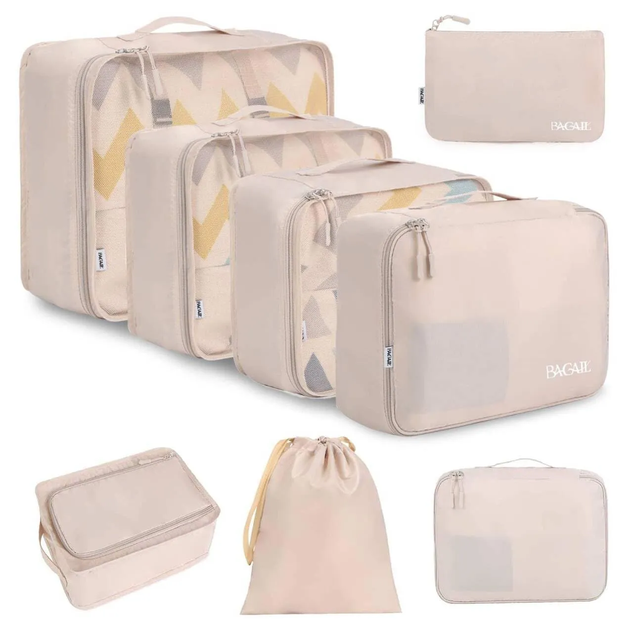 BAGAIL Cubi da Imballaggio per Valigia Set 8 Pezzi, Organizzatori Leggeri per Bagagli e Accessori da Viaggio, Beige - immagine 1