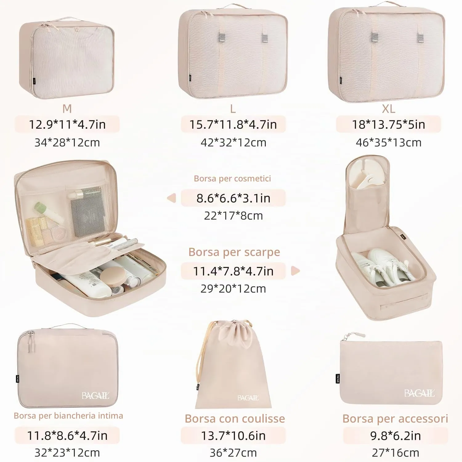 BAGAIL Cubi da Imballaggio per Valigia Set 8 Pezzi, Organizzatori Leggeri per Bagagli e Accessori da Viaggio, Beige - immagine 2