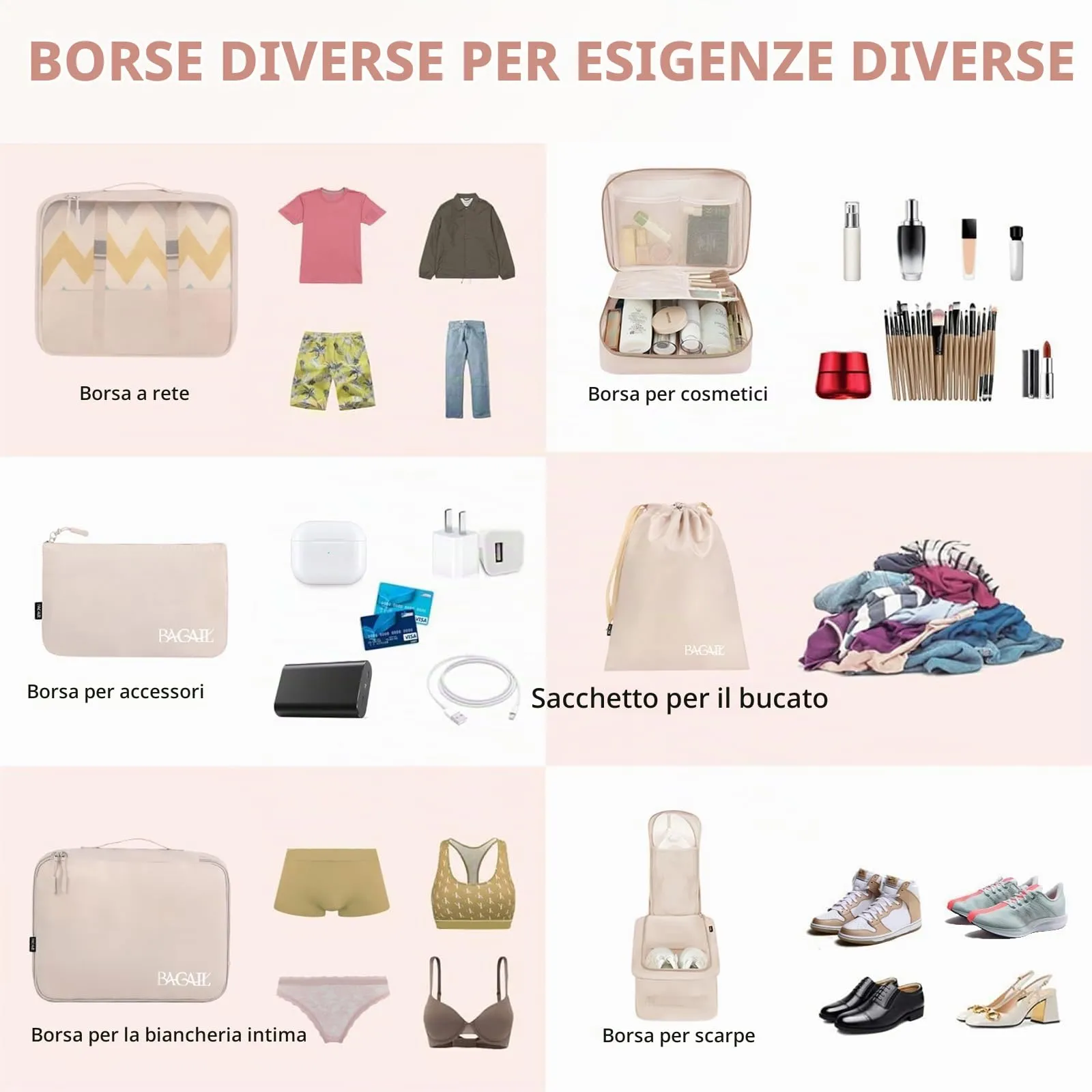 BAGAIL Cubi da Imballaggio per Valigia Set 8 Pezzi, Organizzatori Leggeri per Bagagli e Accessori da Viaggio, Beige - immagine 4