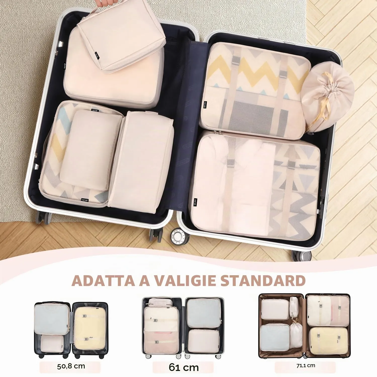 BAGAIL Cubi da Imballaggio per Valigia Set 8 Pezzi, Organizzatori Leggeri per Bagagli e Accessori da Viaggio, Beige - immagine 5