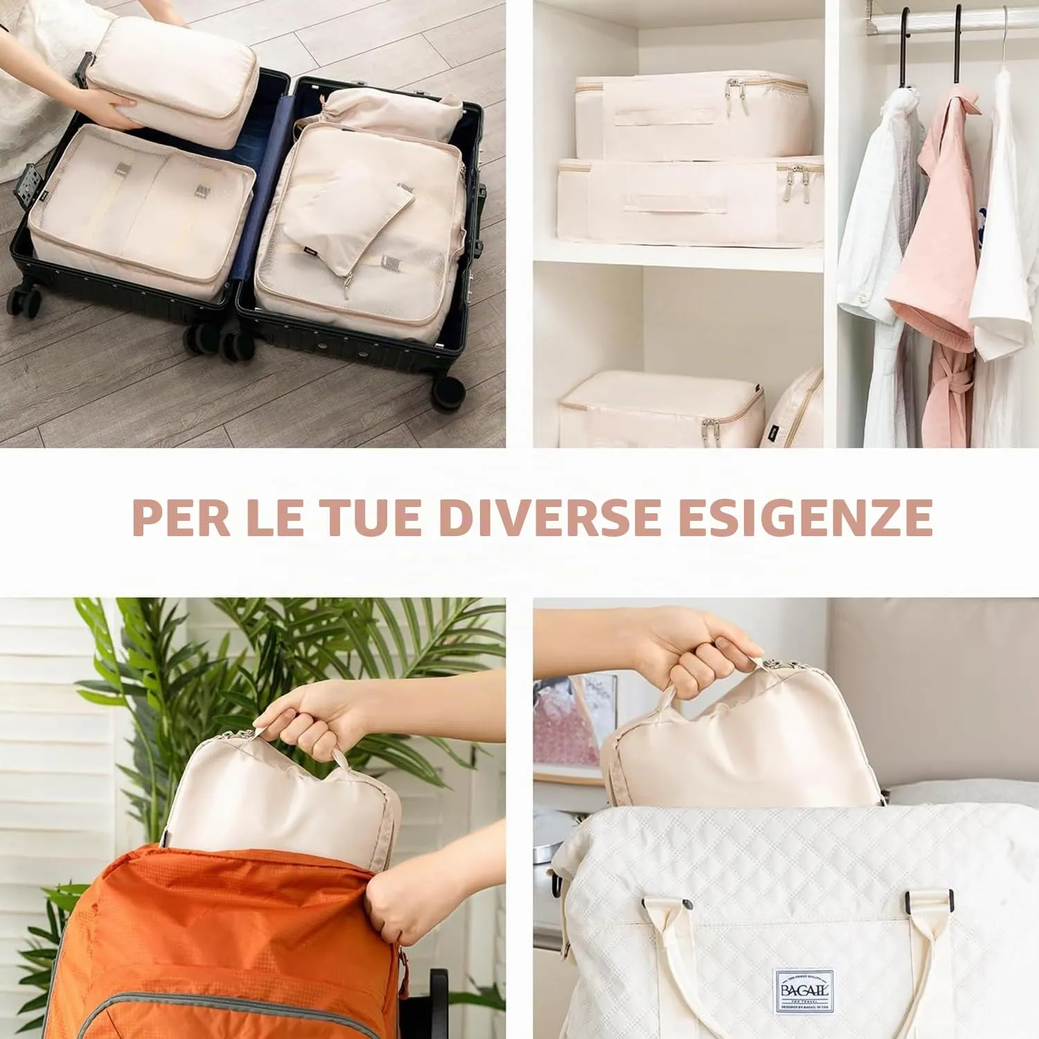 BAGAIL Cubi da Imballaggio per Valigia Set 8 Pezzi, Organizzatori Leggeri per Bagagli e Accessori da Viaggio, Beige - immagine 8