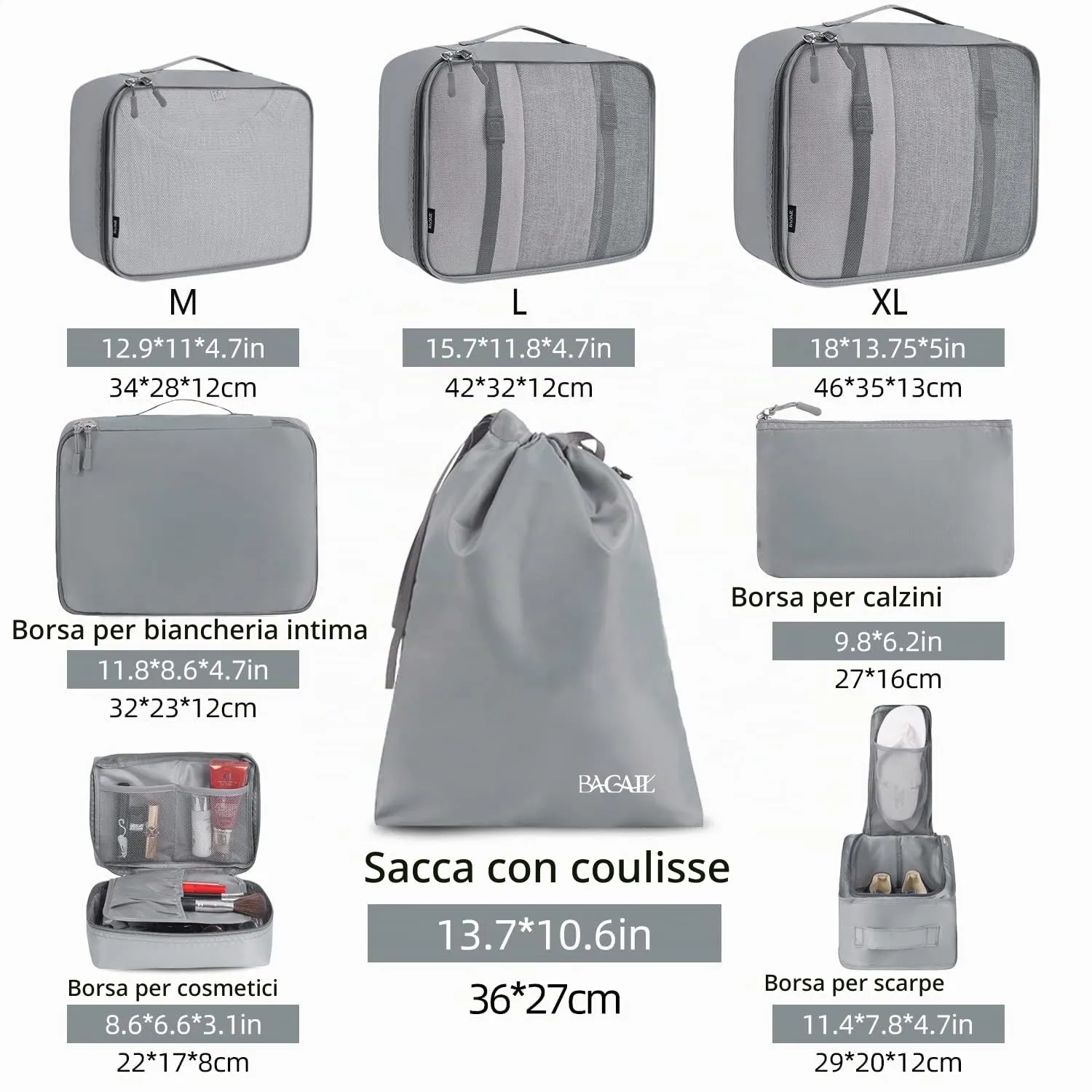 BAGAIL Cubi da Imballaggio per Valigia Set 8 Pezzi, Organizzatori Leggeri per Bagagli e Accessori da Viaggio, Grigio - immagine 2