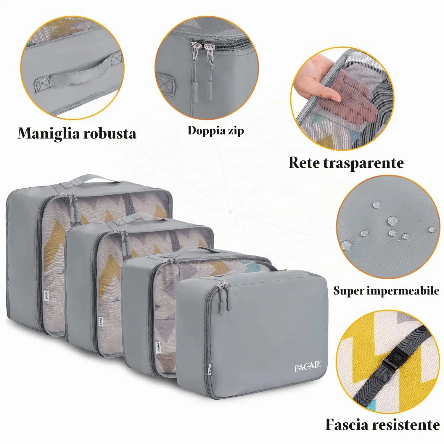 BAGAIL Cubi da Imballaggio per Valigia Set 8 Pezzi, Organizzatori Leggeri per Bagagli e Accessori da Viaggio, Grigio - immagine 4