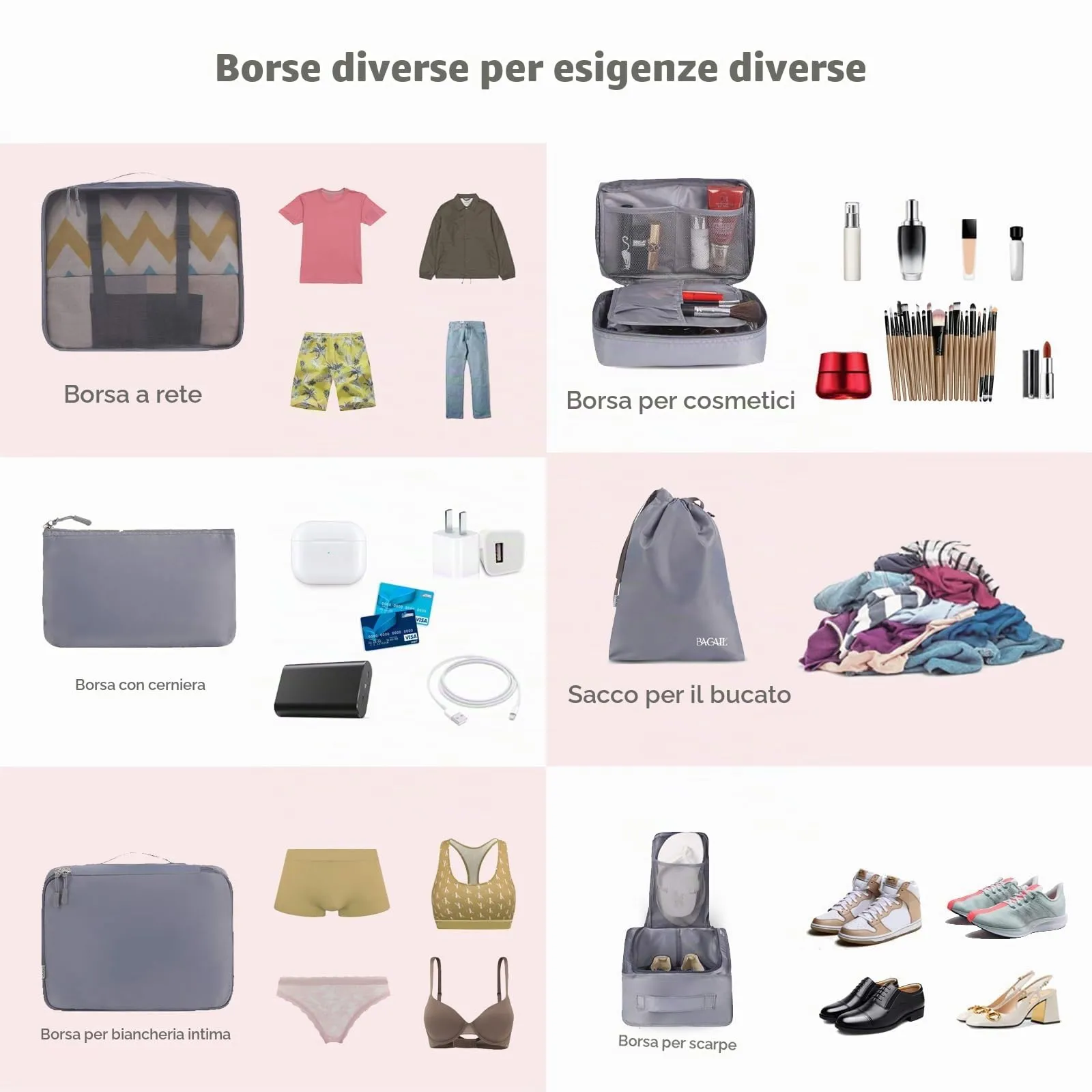 BAGAIL Cubi da Imballaggio per Valigia Set 8 Pezzi, Organizzatori Leggeri per Bagagli e Accessori da Viaggio, Grigio - immagine 5