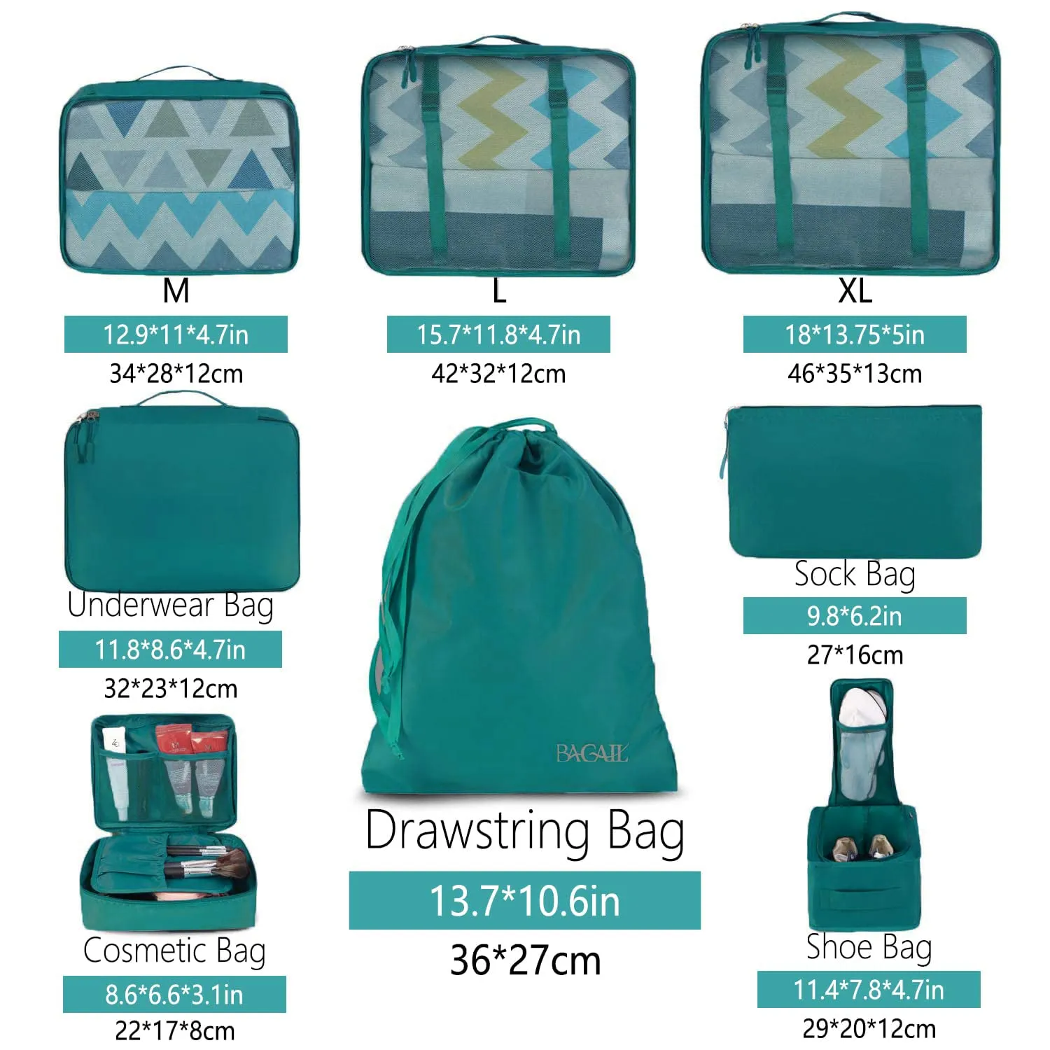 BAGAIL Cubi da Imballaggio per Valigia Set 8 Pezzi, Organizzatori Leggeri per Bagagli e Accessori da Viaggio, Verde acqua - immagine 2