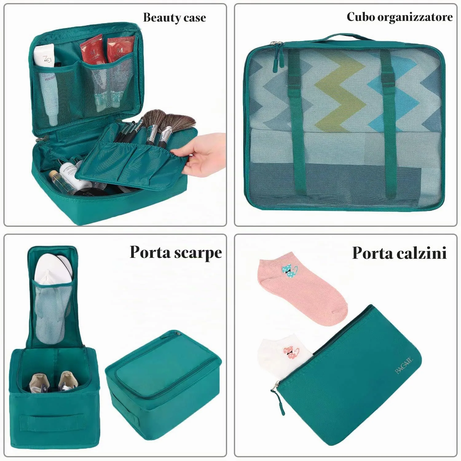 BAGAIL Cubi da Imballaggio per Valigia Set 8 Pezzi, Organizzatori Leggeri per Bagagli e Accessori da Viaggio, Verde acqua - immagine 3