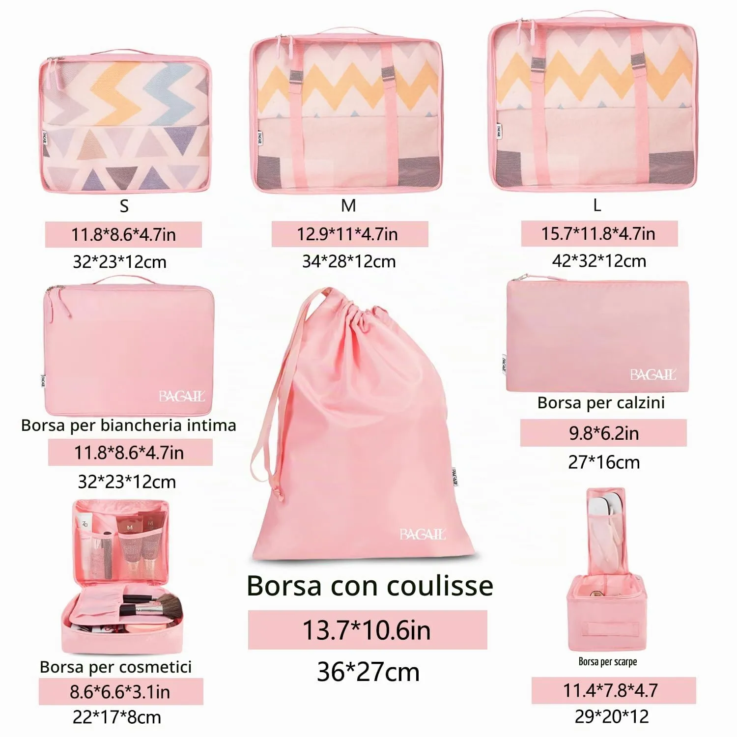 BAGAIL Cubi da Imballaggio per Valigia Set 8 Pezzi, Organizzatori Leggeri per Bagagli e Accessori da Viaggio, Rosa - immagine 2