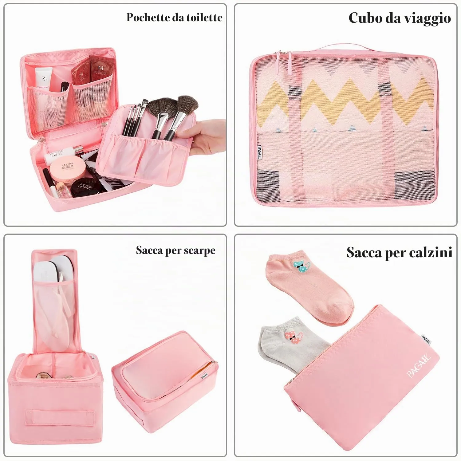 BAGAIL Cubi da Imballaggio per Valigia Set 8 Pezzi, Organizzatori Leggeri per Bagagli e Accessori da Viaggio, Rosa - immagine 3