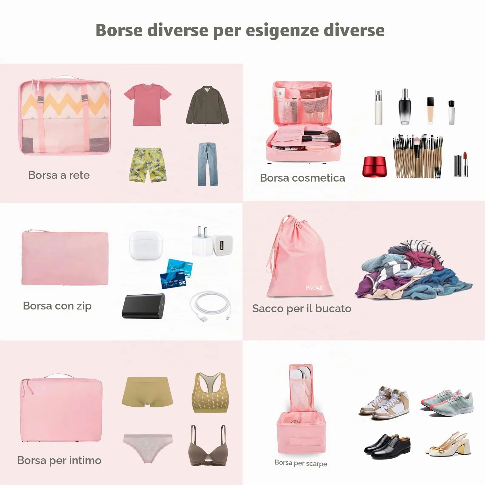 BAGAIL Cubi da Imballaggio per Valigia Set 8 Pezzi, Organizzatori Leggeri per Bagagli e Accessori da Viaggio, Rosa - immagine 4